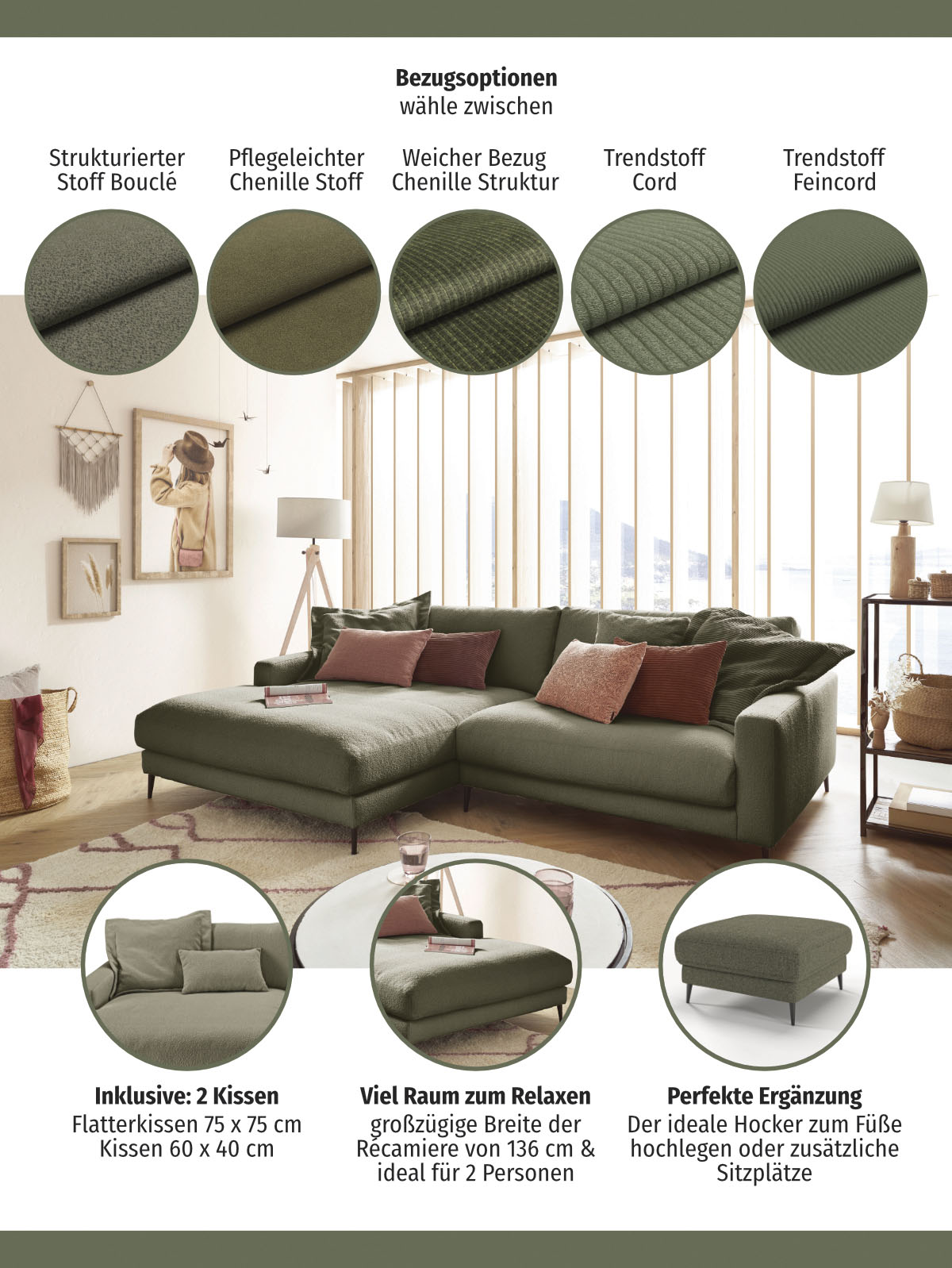 Thumbnail - INOSIGN Ecksofa "Downtown, B/T/H: 272/190/84 cm L-Form", weicher Sitzkomfort auch in Cord und Bouclé, incl. Zierkissen