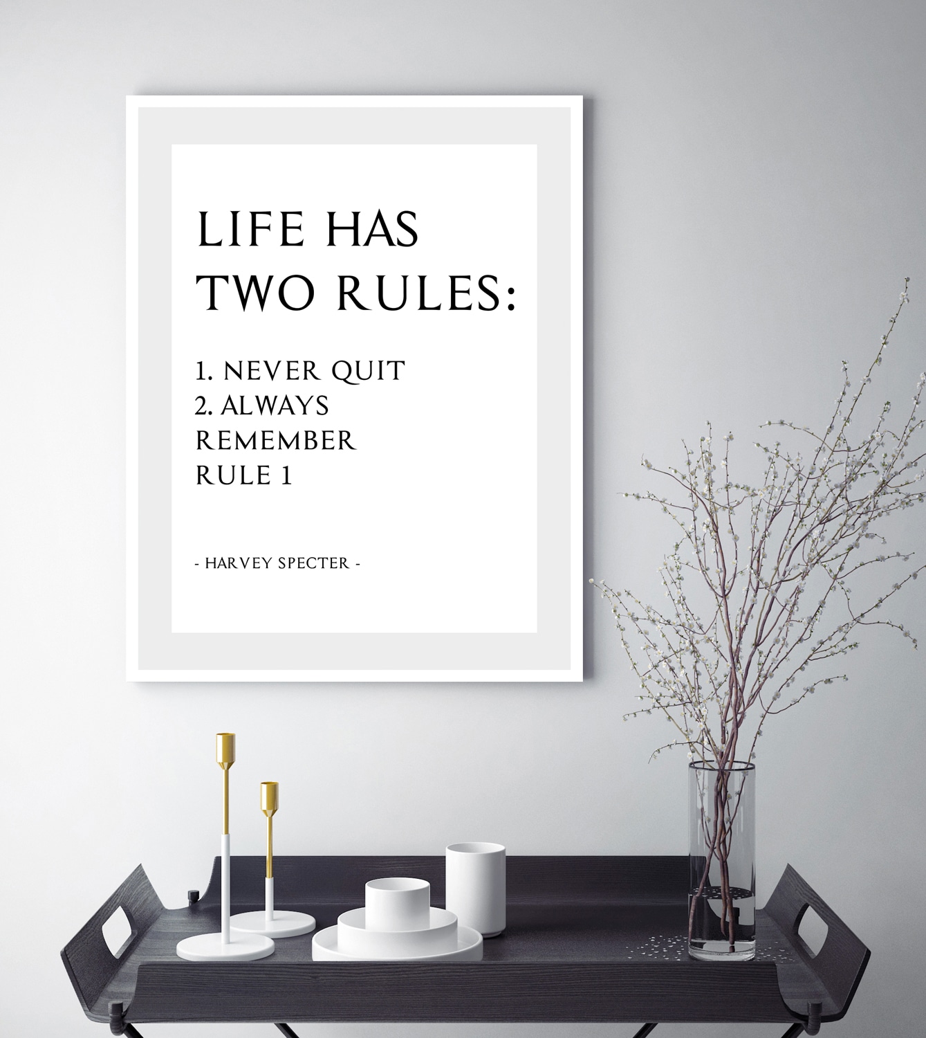 queence Bild "Never Quit" Filmszene Humor Motivationsbilder Schriftzug Sprüche & Texte Spruch, gerahmt
