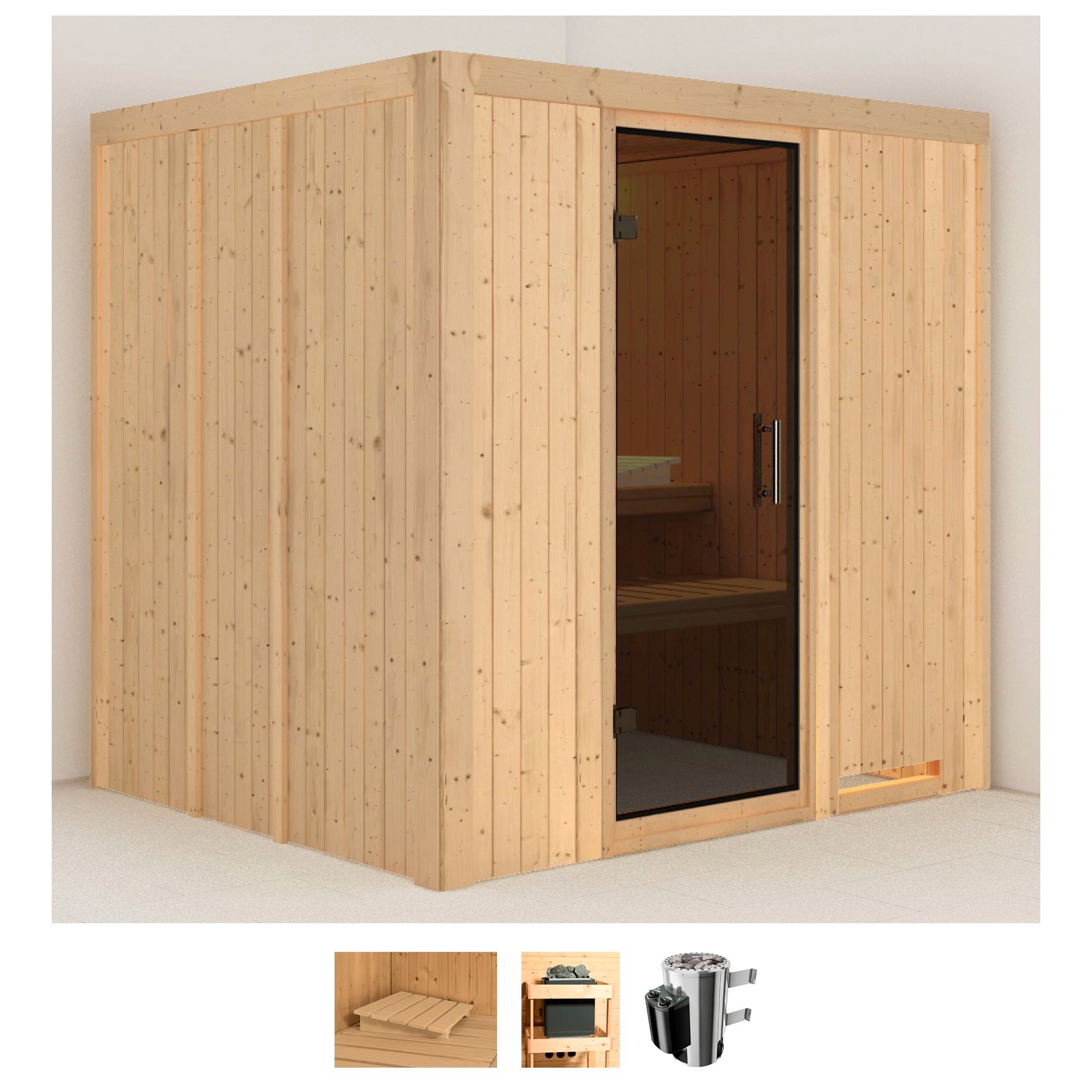 Karibu Sauna "Dima" Set, Ofen 3,6 kW intgr. Strg