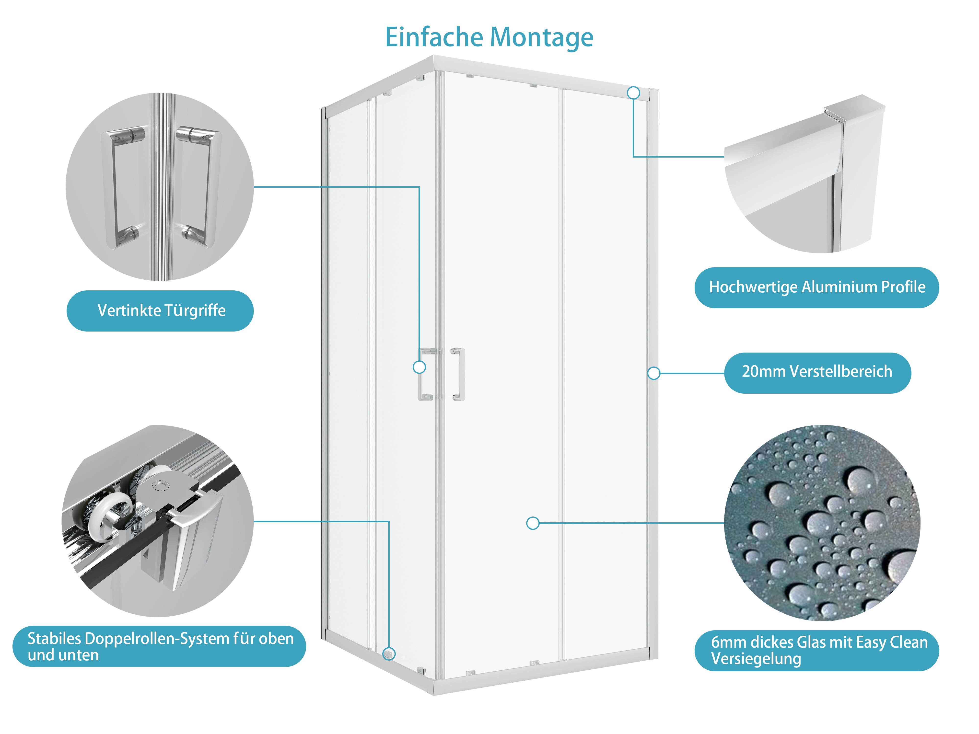Thumbnail - welltime Eckdusche "New Trento" Extrahohe 195cm, verbessertes Rollensystem