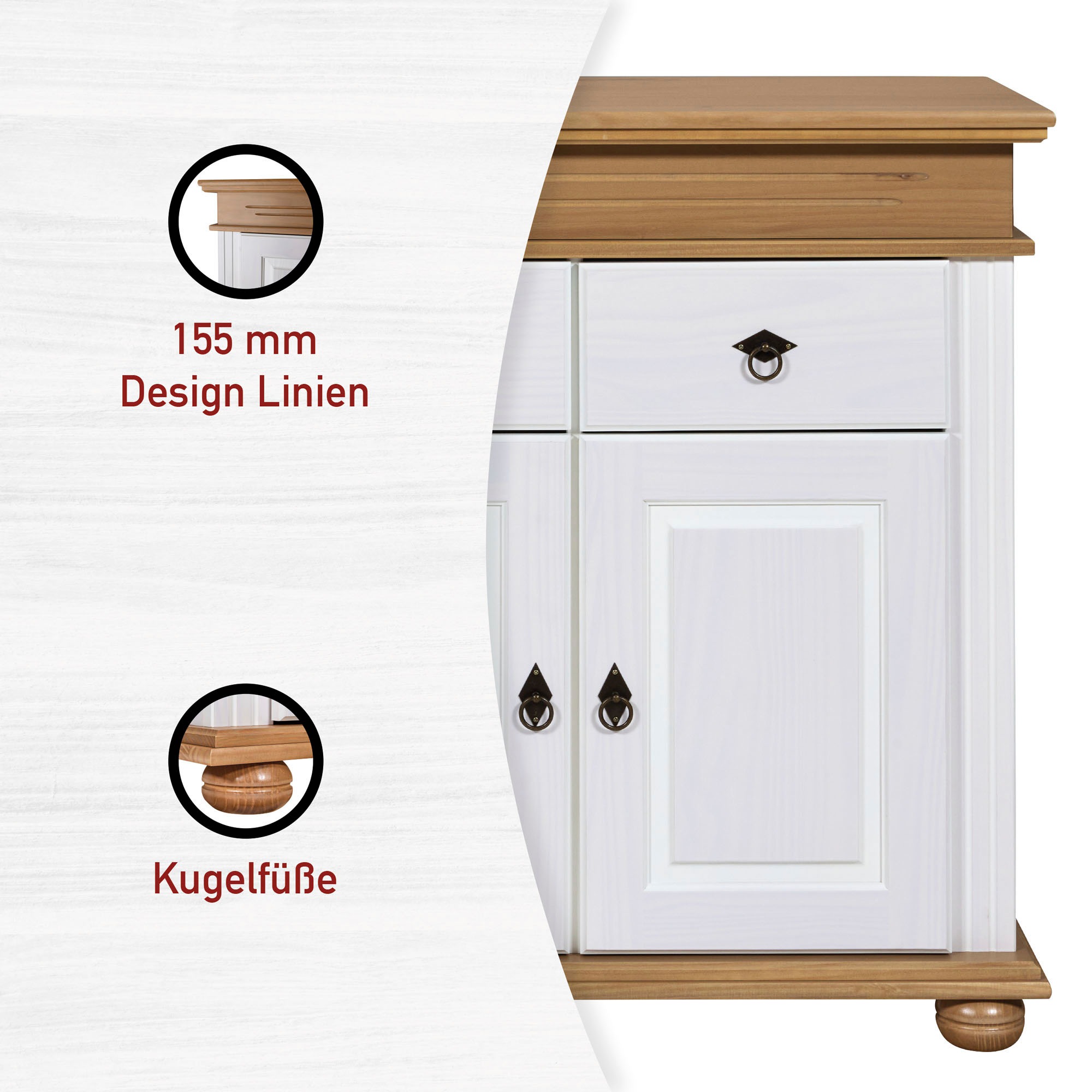 Inter Link Anrichte »Halmaro, Kiefer Massivholz, Soft-close, 141 x 46 x 100 cm, Stauraum« 1 Stk. tlg. Sideboard in Weiss, Braun/Oak, Landhausstil, 3 Türen, 3 Schubladen