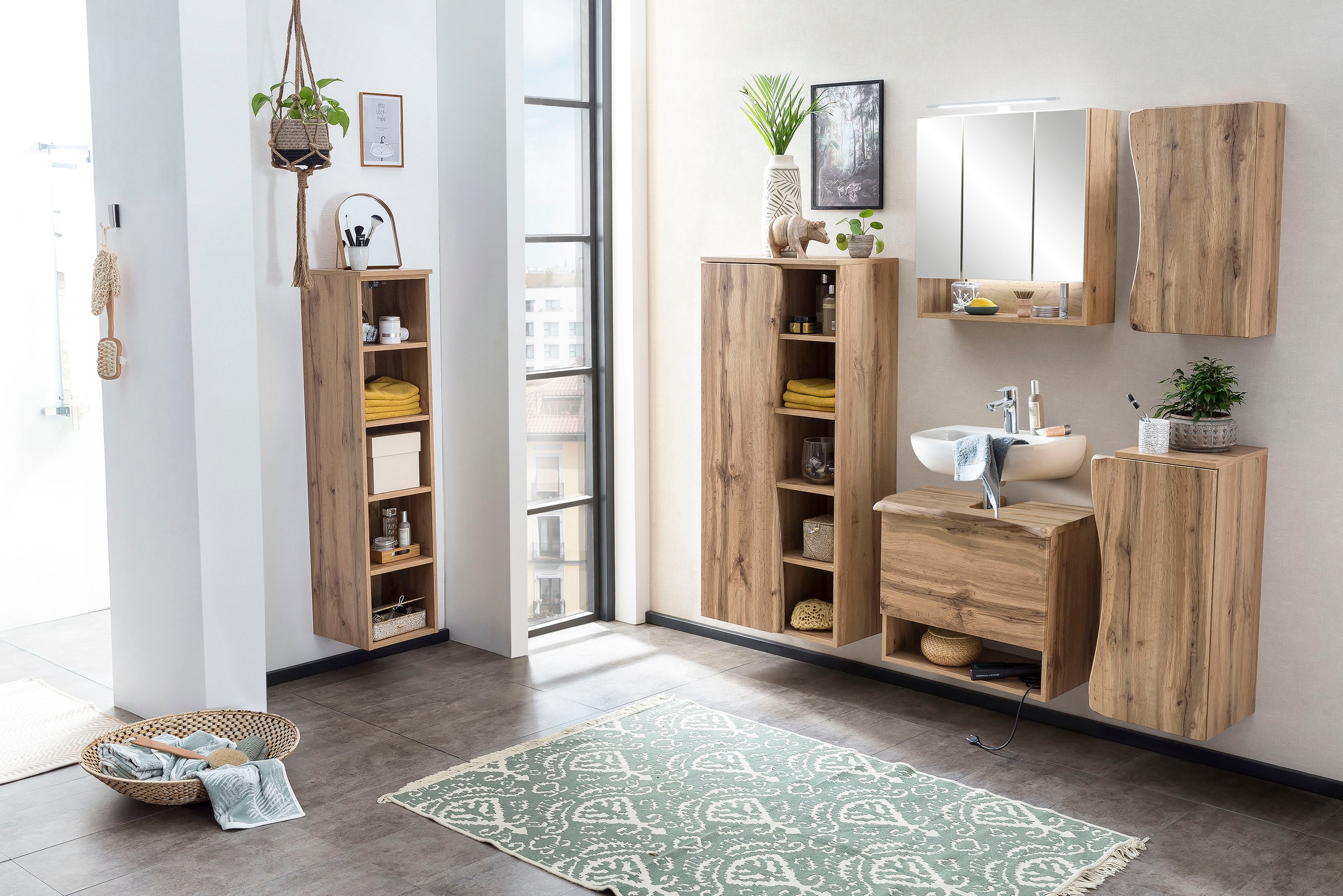 welltime Waschbeckenunterschrank »Stubach«, Bad Schrank, Abdeckplatte mit Baumkante, Breite 60 cm
