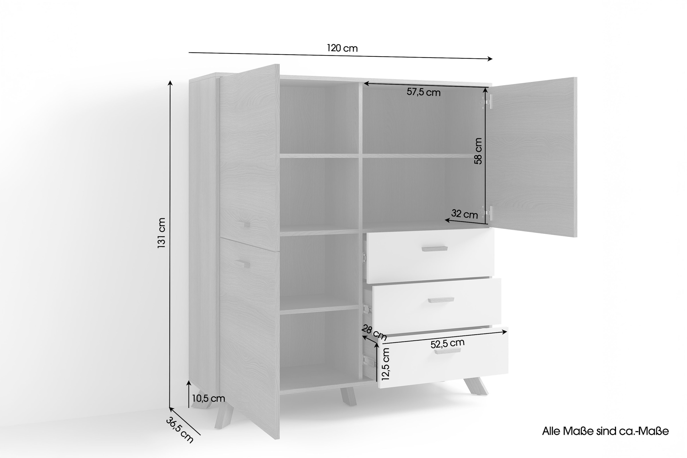 byLIVING Highboard »Bastian« 1 Stk. tlg. mit massiven Holzfüßen und Griffen, natürlicher Eichenlook, 120cm