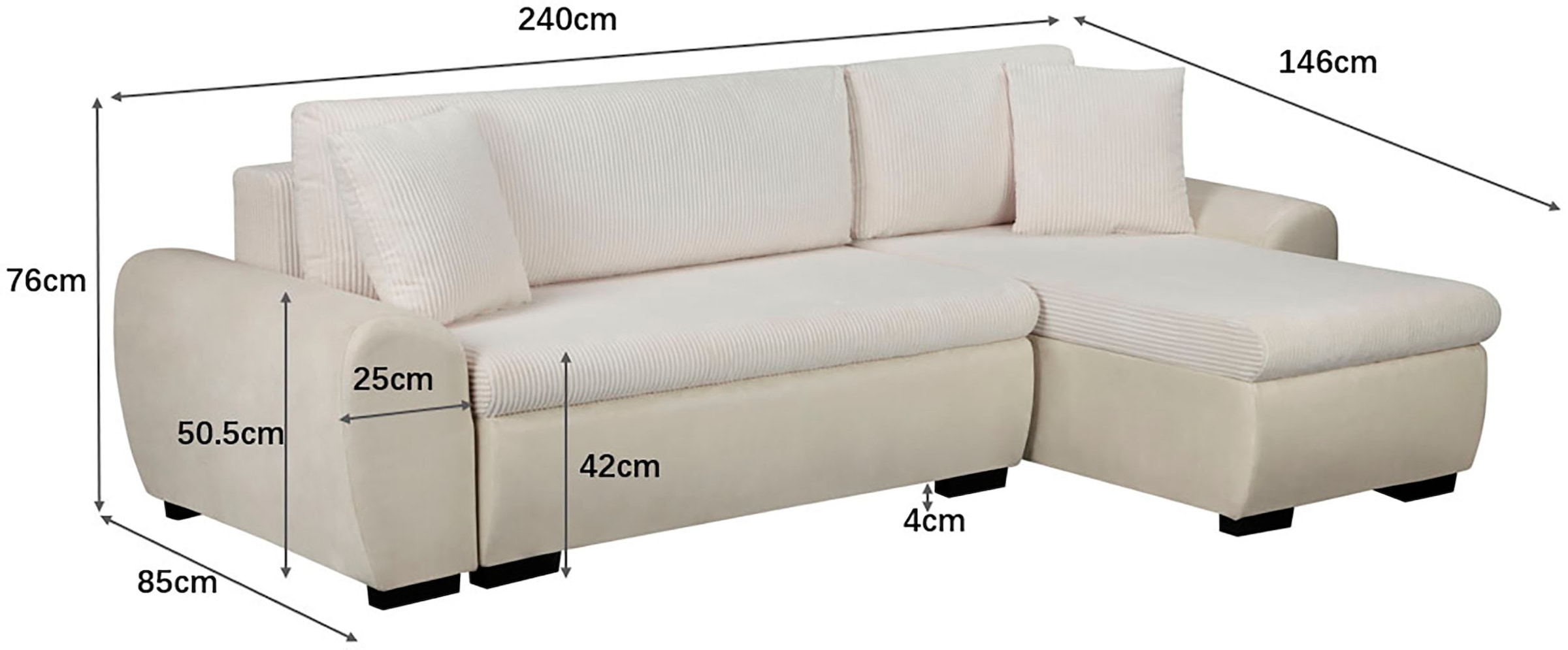 OTTO home Ecksofa »KIVELLA Cord-Struktur, L-Form, 240 cm« Schlaffunktion(128/191), Bettkasten, Cord-Struktur-Mix