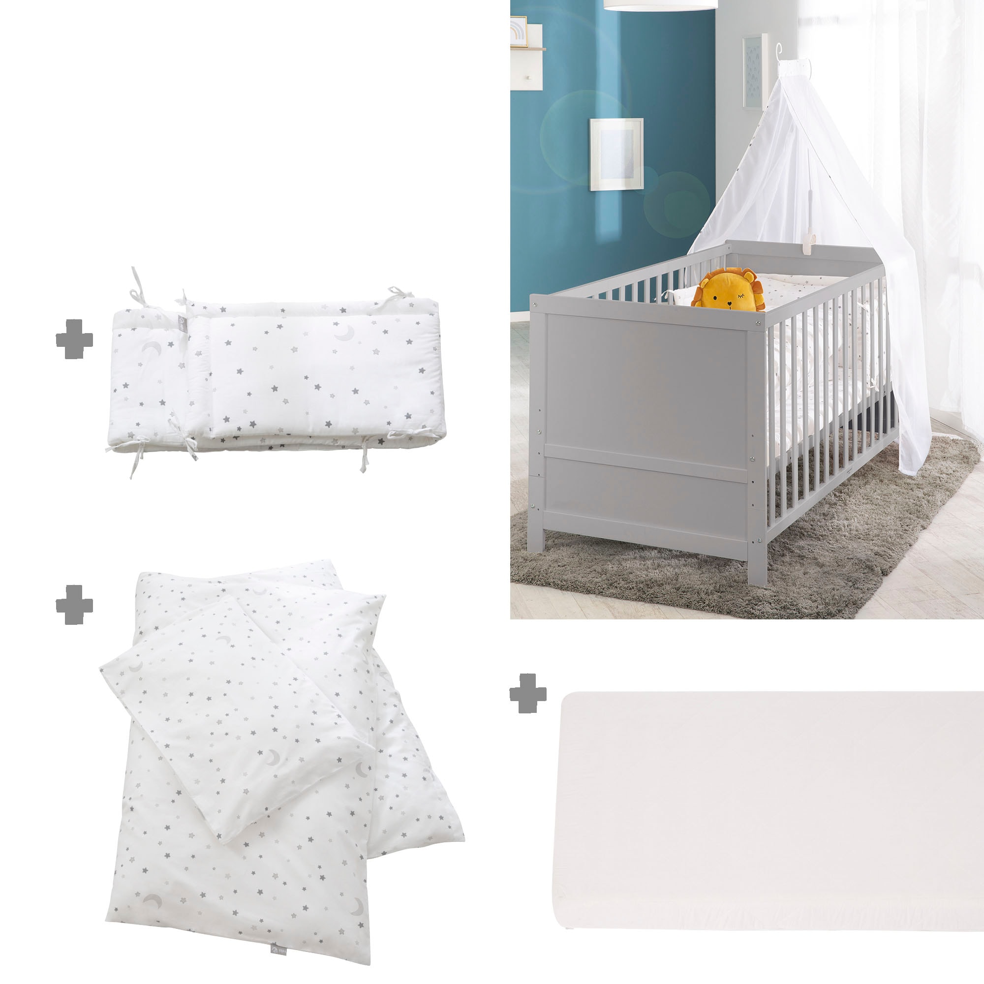 roba® Komplettbett »Sternenzauber, taupe«, (7 tlg.), inkl. Babybett, Matratze, Lattenrost, Himmelstange mit Himmel