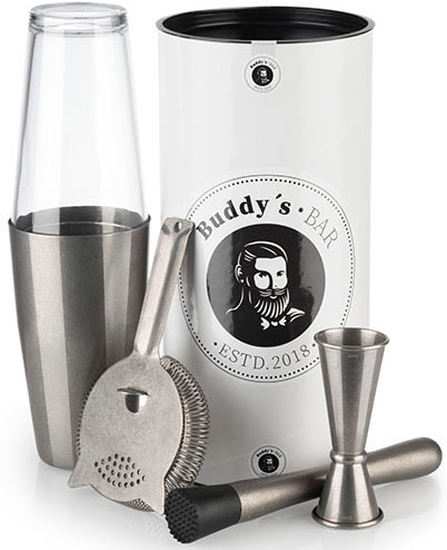 Buddys Cocktail-Set "Buddy´s Bar - Boston" 1 Barmaß, 1 Barsieb, 1 Boston Shaker, 1 Stößel