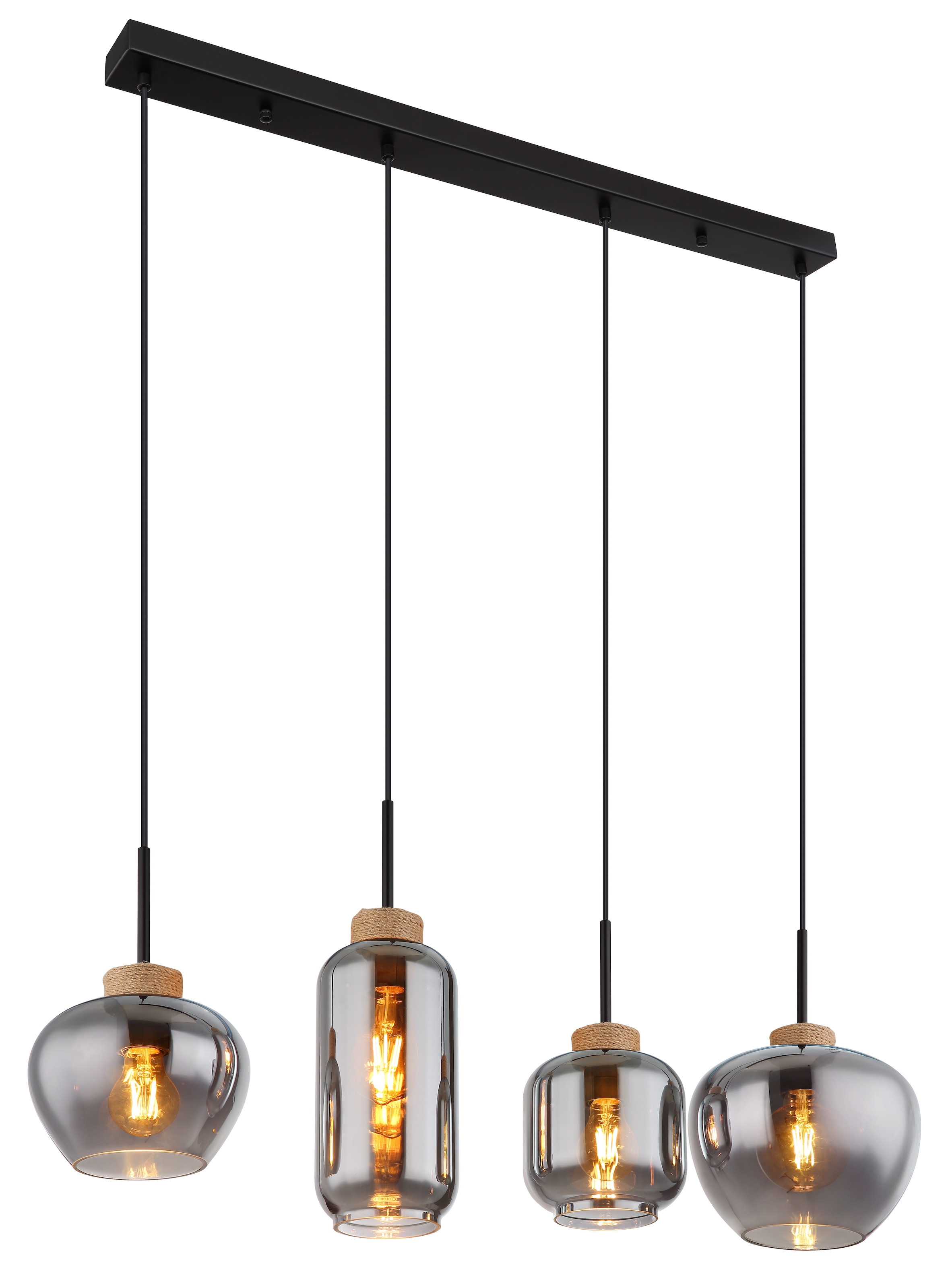 GLOBO LIGHTING Hängeleuchte »MATT« E27 1 Stk. Hängeleuchte Schwarz/Hanf, Rauchglas, 4 Gläser, höhenkürzbar, E27