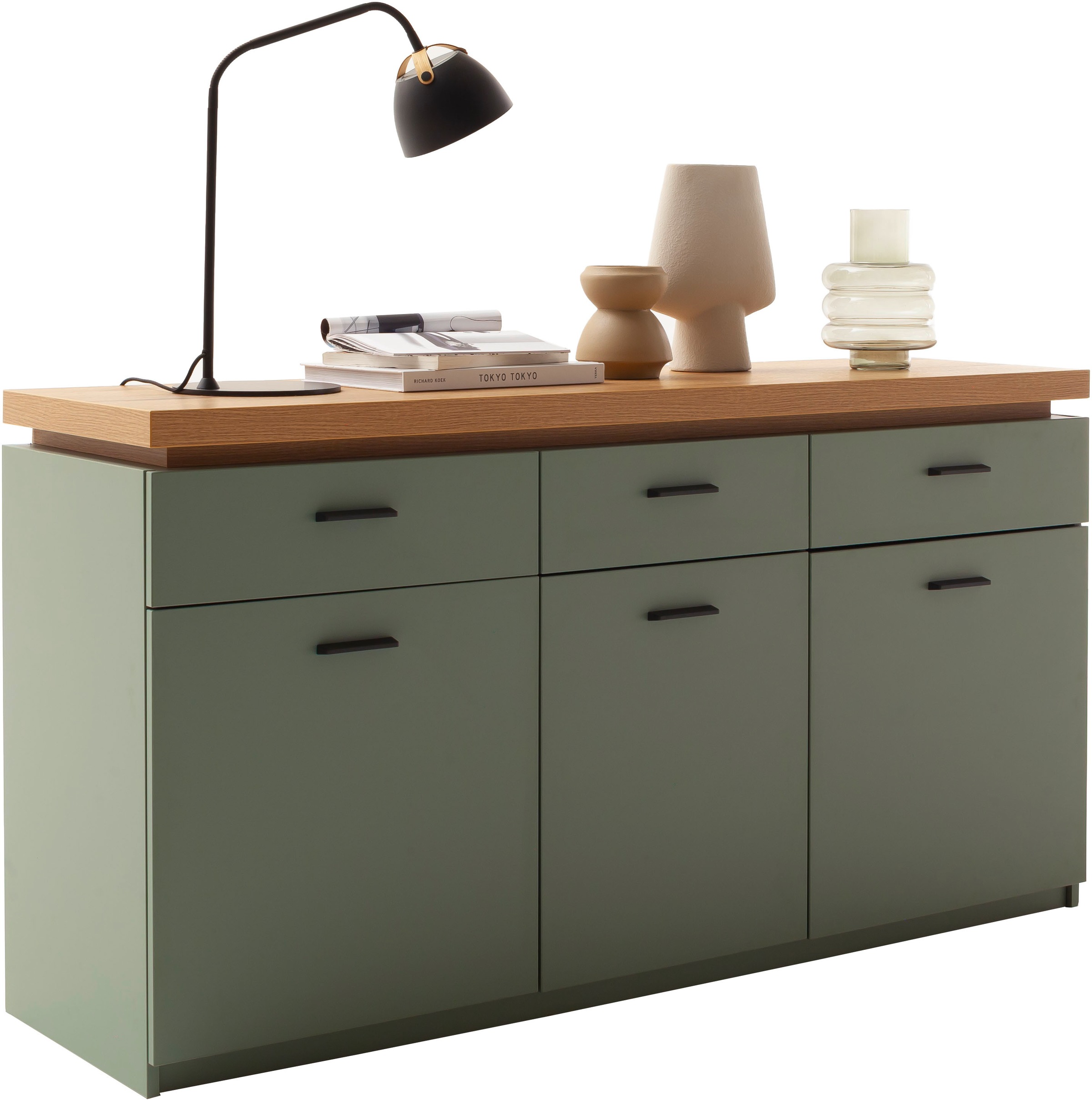 MCA furniture Sideboard »MONIZ Sideboard«, (1 St.), Kommode,Eiche Salbeigrün,3 Türen,3 Schubkästen,gedämpft,Breite 156 cm