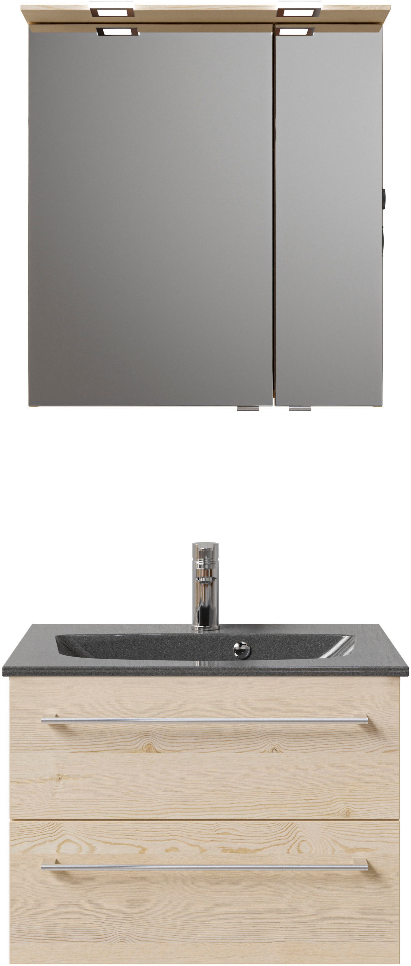 Saphir Badmöbel-Set »Serie 6025 2-teilig Mineralmarmor-Waschtisch mit LED-Spiegelschrank«, (2 St.), Waschplatz 67 cm breit, 2 Schubladen, 2 Spiegel-Türen, inkl Türdämpfer
