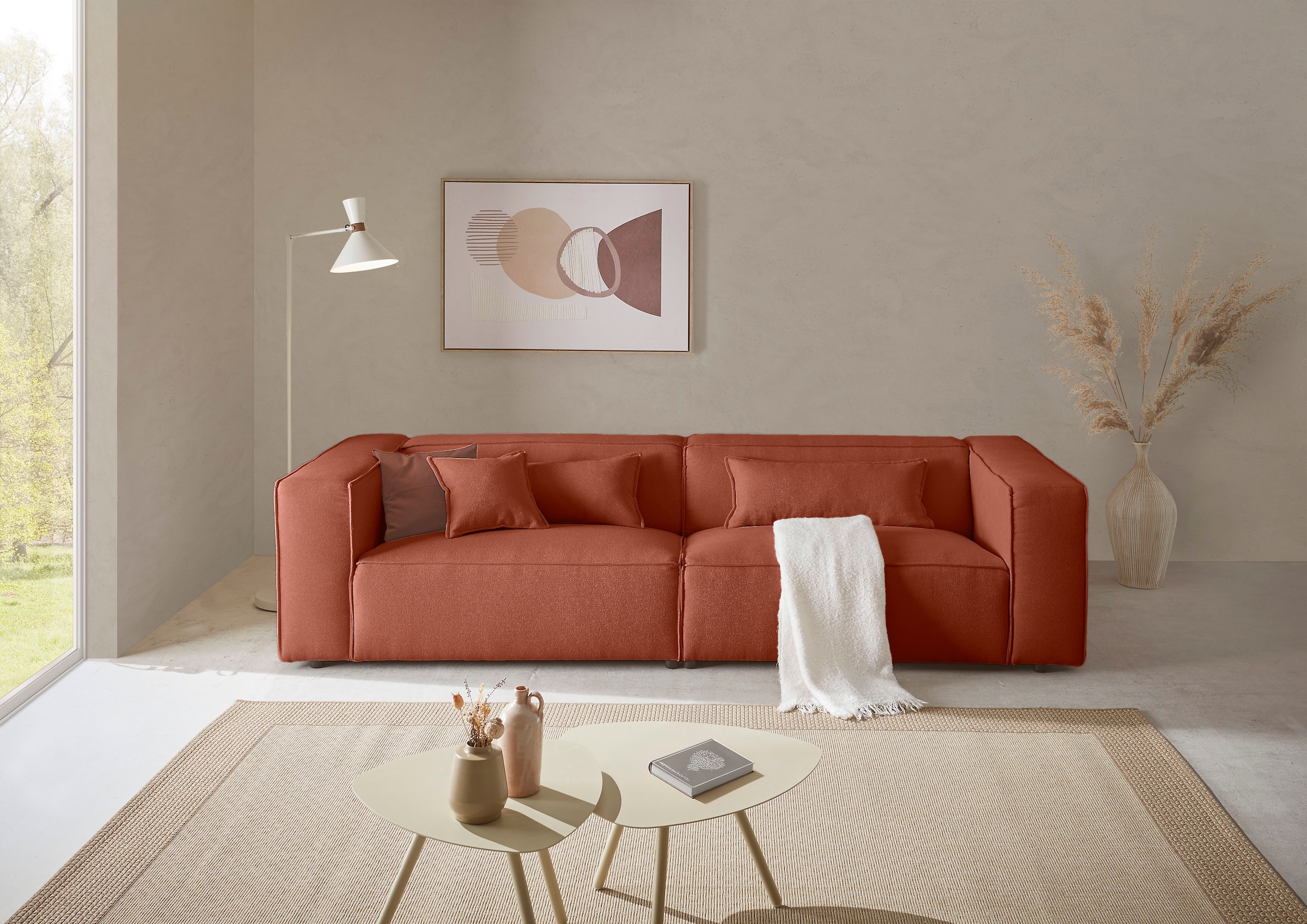 LeGer Home by Lena Gercke 3-Sitzer "PIARA, Struktur u. Leinenoptik, Sofa mit Kedernaht" schwarze Füße, bequemer Sitzkomfort