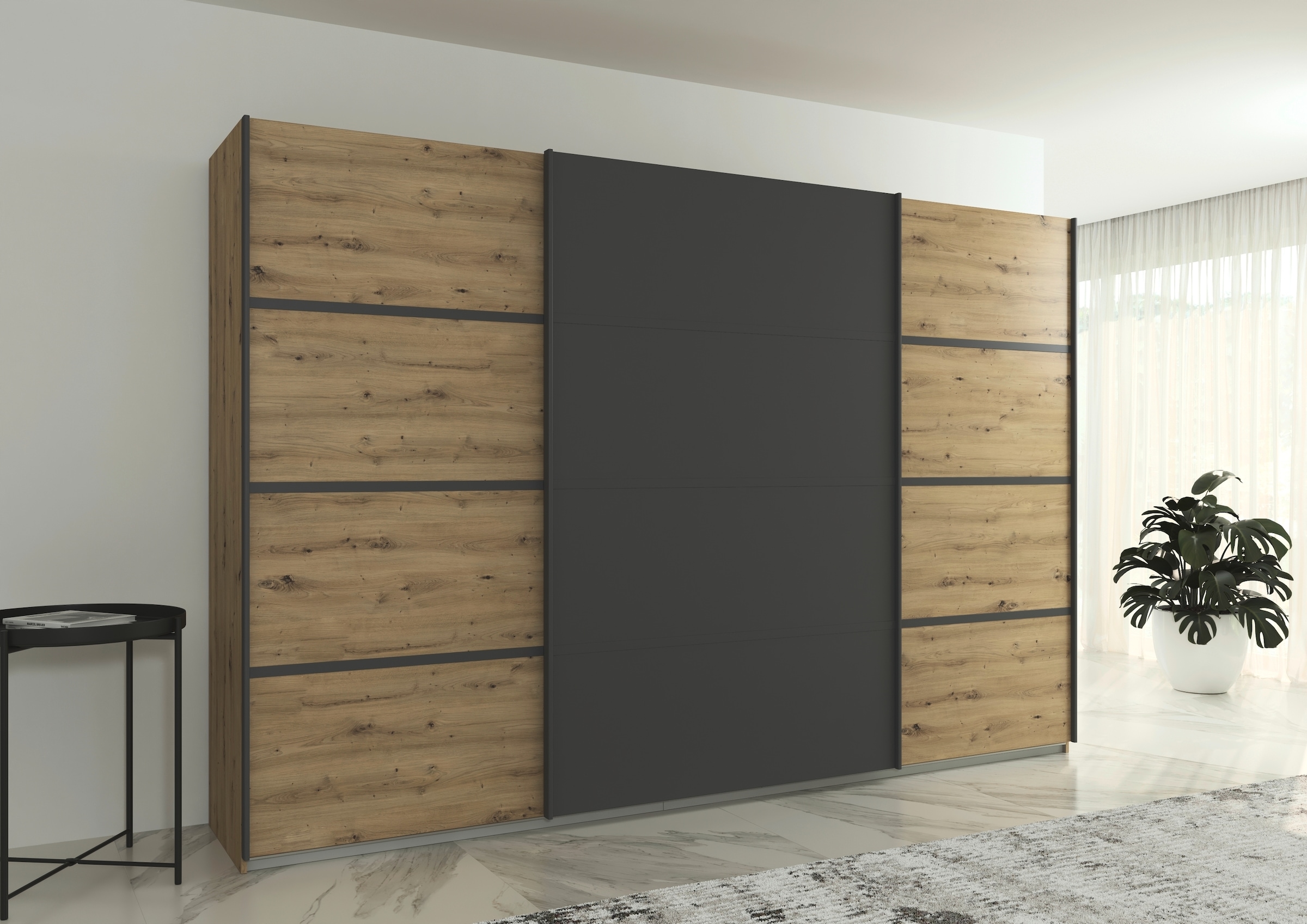 rauch Kleiderschrank »Schwebetürenschrank OTTO´s Choice Garderobe Schrank TOP ANGEBOT Avola«, (in 3 verschiedenen Ausstattungen BASIC/CLASSIC/PREMIUM), mit eleganten Zierleisten in Chrom, Schwarz oder Weiß MADE IN GERMANY
