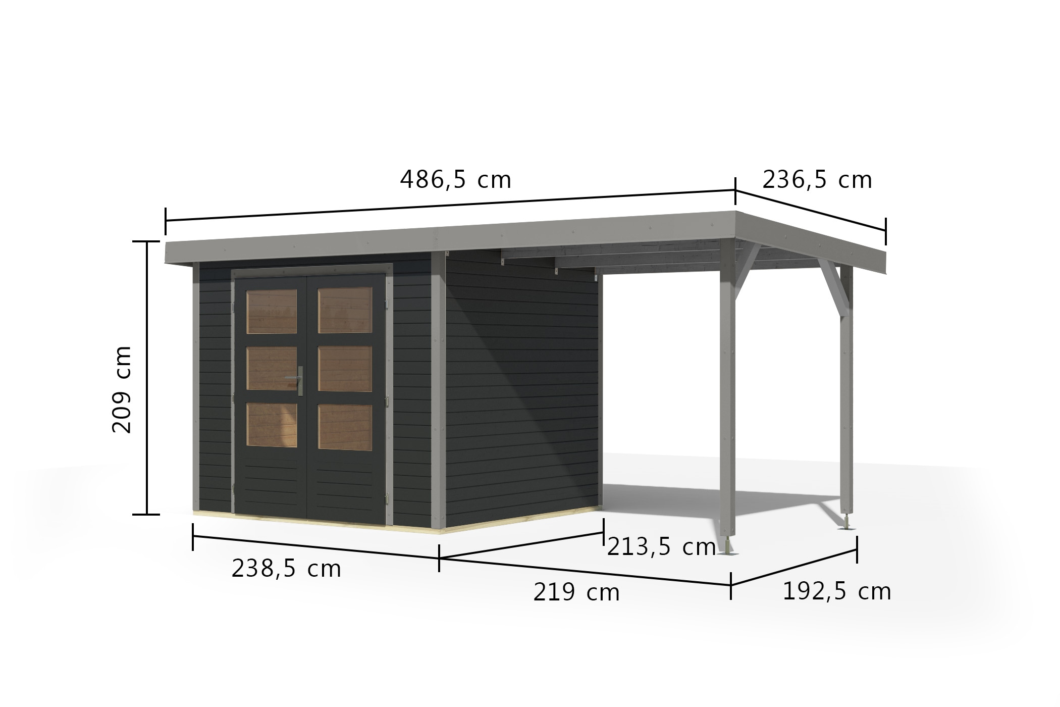 Karibu Gartenhaus »"Jupiter 3 C" SET anthrazit, mit Anbaudach 2,35 m breit«, hochwertige Materialien: nordische Fichte, Stahlecken, Trapezblechdach
