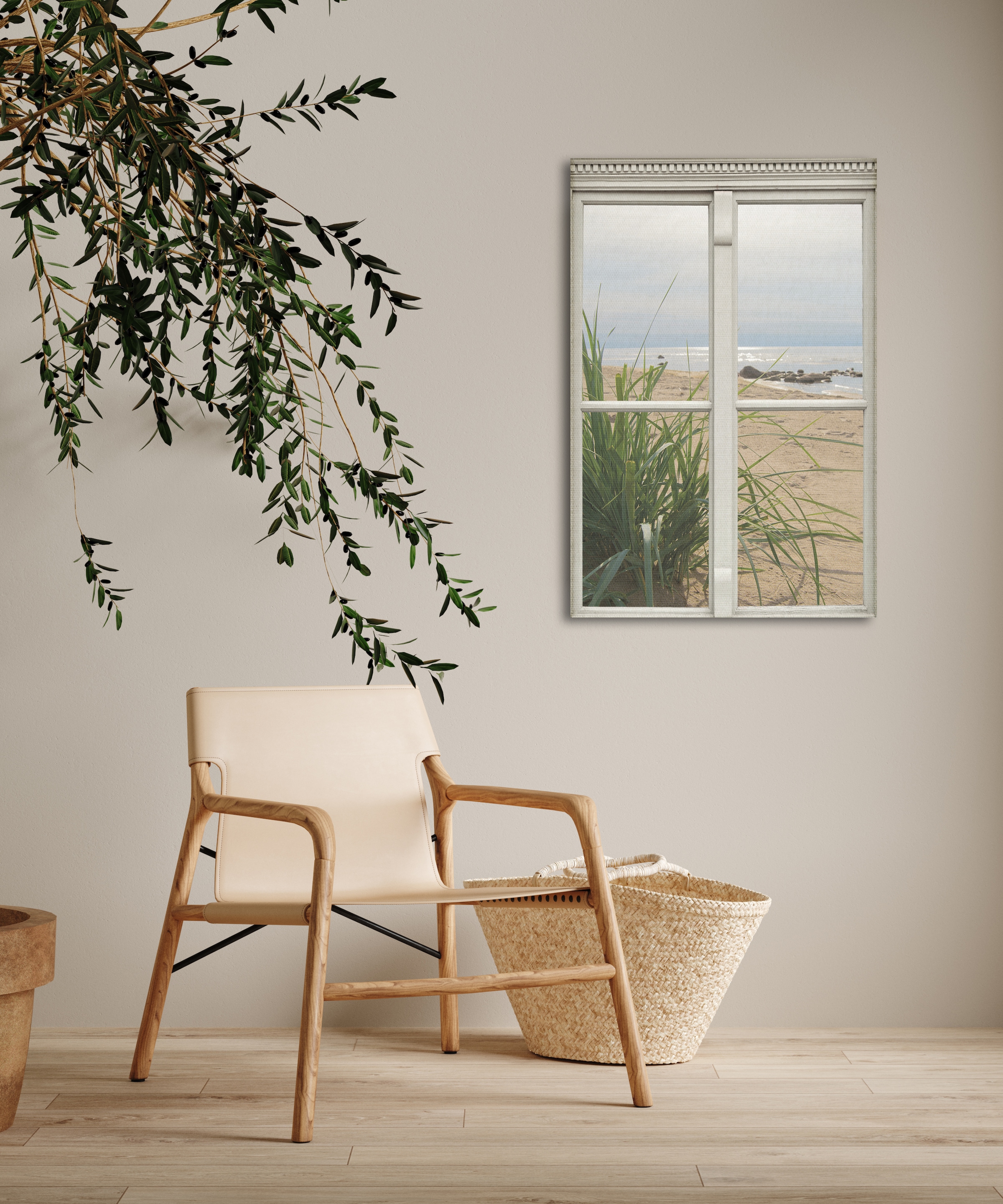 queence Leinwandbild »Ausblick«, Düne-Gräser-Natur-Meer-Fensterblick, (1 St.), Premium-Leinwandstoff, Handarbeit aus Deutschland