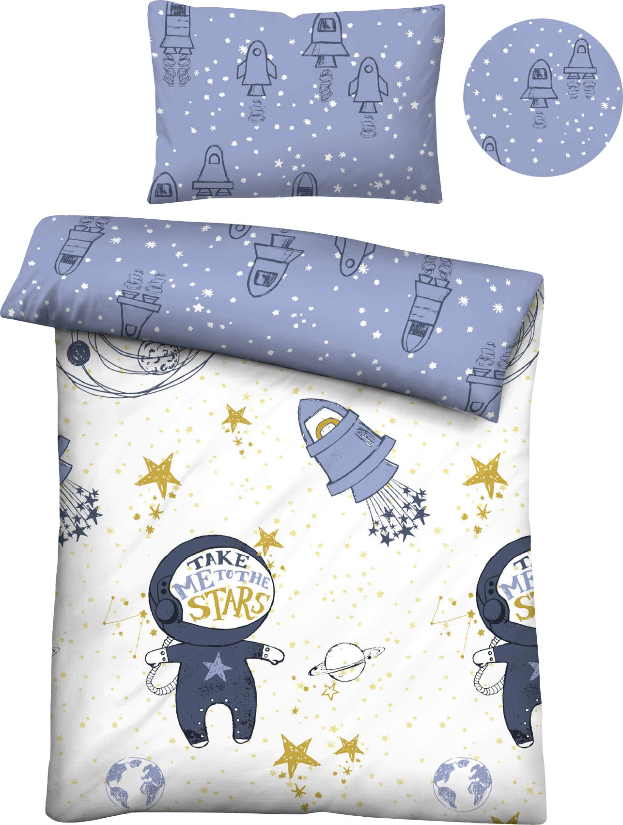 Biberna "Julien in Gr. 100x135 oder 135x200 cm, für Kinder, Astronaut & Rakete" 2 Stk. Feinbiber kuschelig warm im Winter, Kinderbettwäsche Weltraum, Kinder
