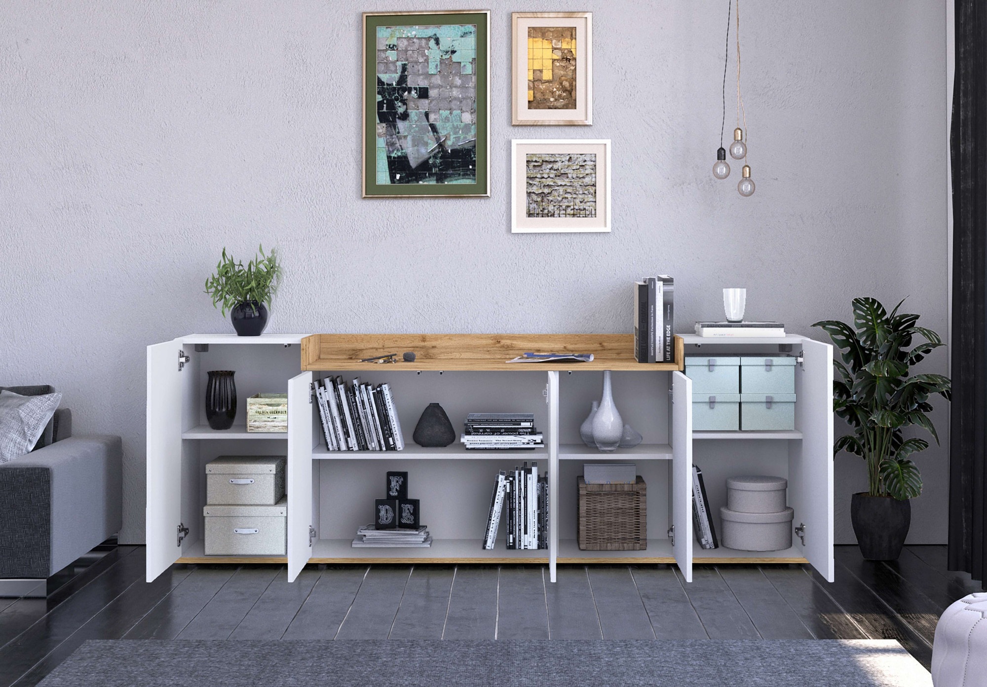 OTTO home Sideboard »BOLSENA, Kommode, Schrank,Lowboard mit 8 Fächer und offenes Ablagefach« 1 Stk. tlg. Breite 200 cm,stehend/hängend,Fronten Hochglanz lackiert,Made in Italy