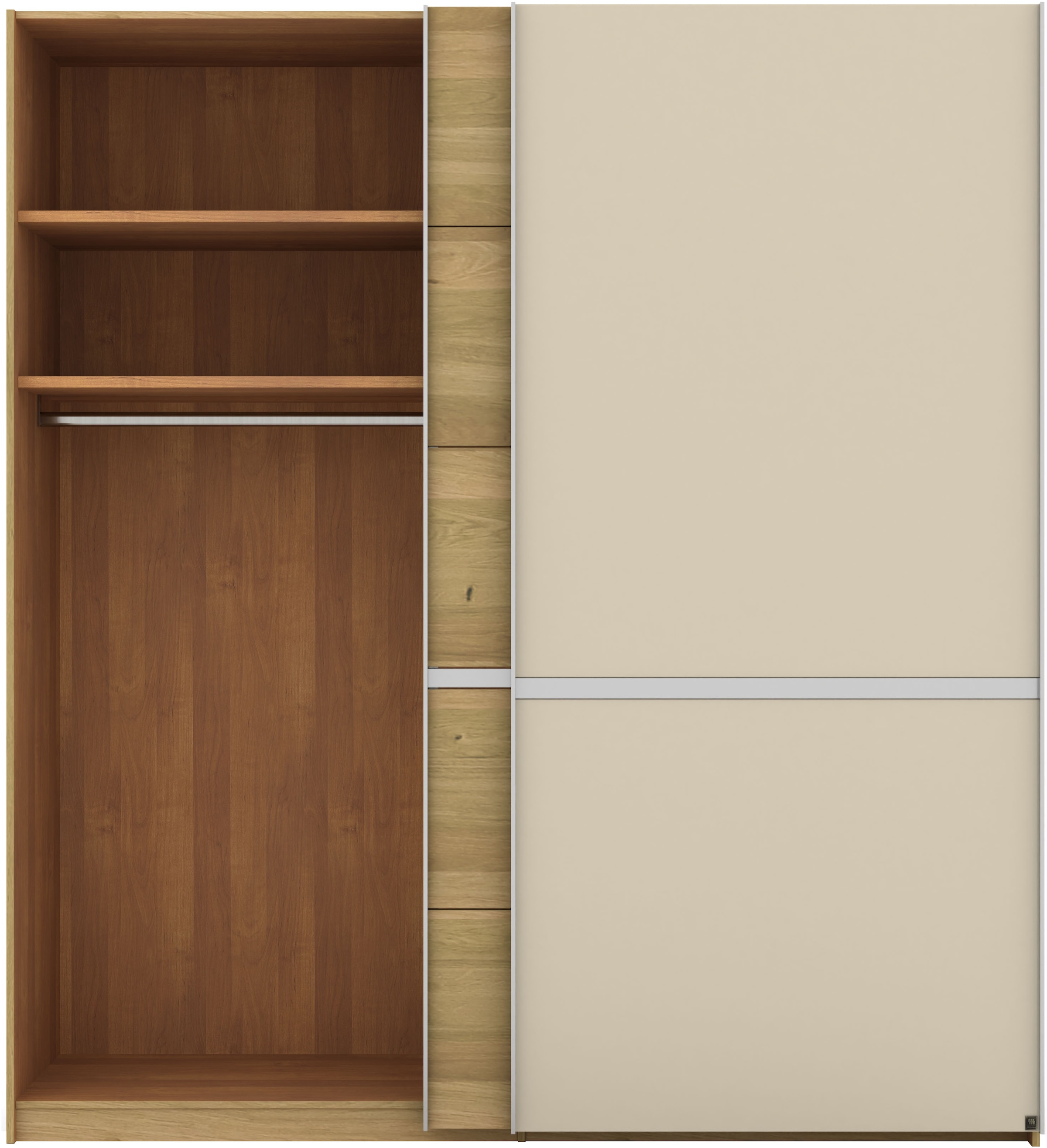 Musterring Schwebetürenschrank »Savona, Kleiderschrank, Schrank, Garderobe, mit Schiebetüren«, (Teilmassiv Bianco-Eiche, mit Spiegel oder Glas, MADE IN GERMANY), Türen Bianco-Eiche massiv, Spiegel-/Glastüren, eingelegte Chromleiste