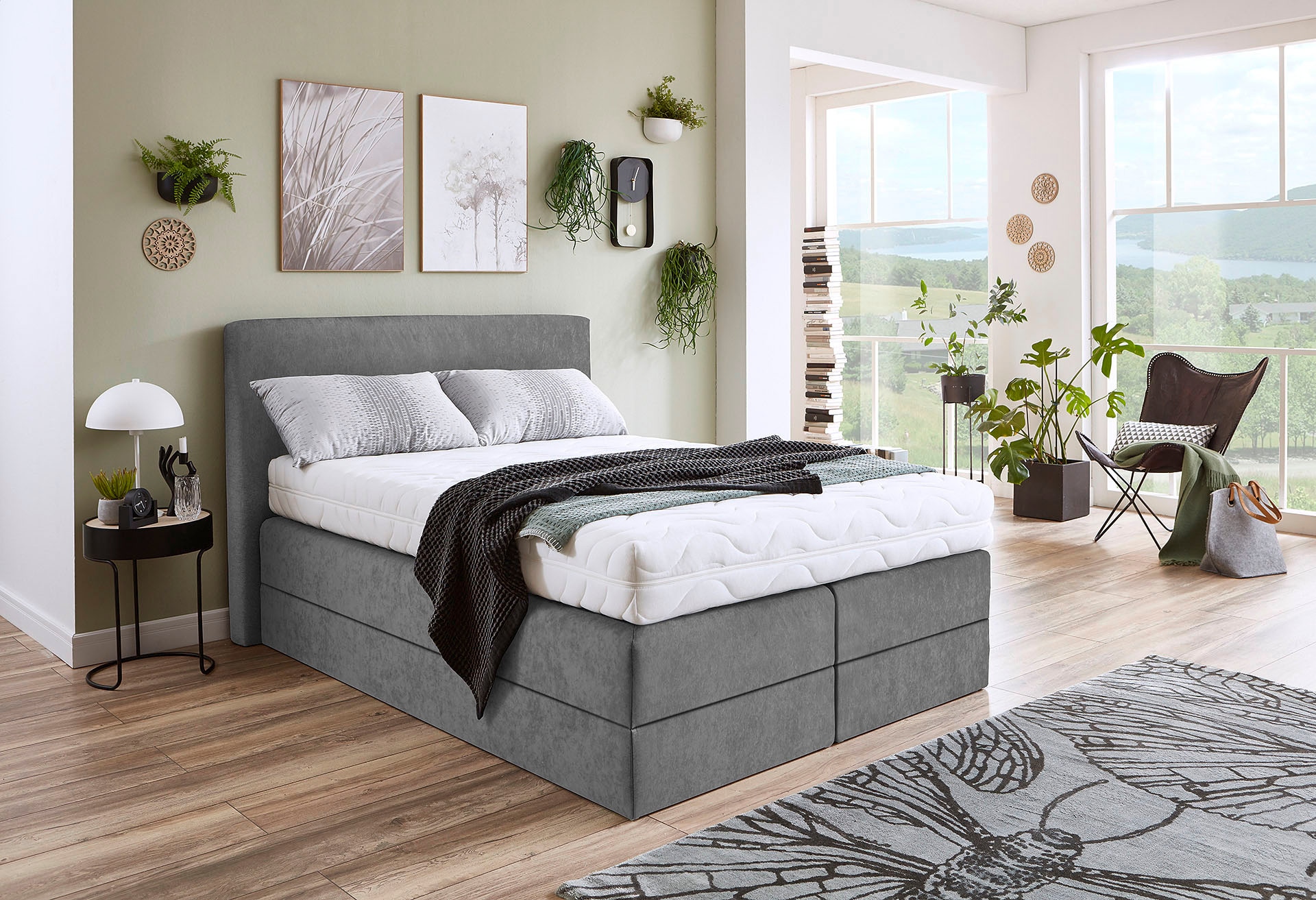 Boxspringbett, grau, B:155cm L:205cm, Microvelours (100% Polyester), WESTFALIA SCHLAFKOMFORT, Komplettbetten, Boxspringbett, wahlweise mit Kaltschaum-Topper