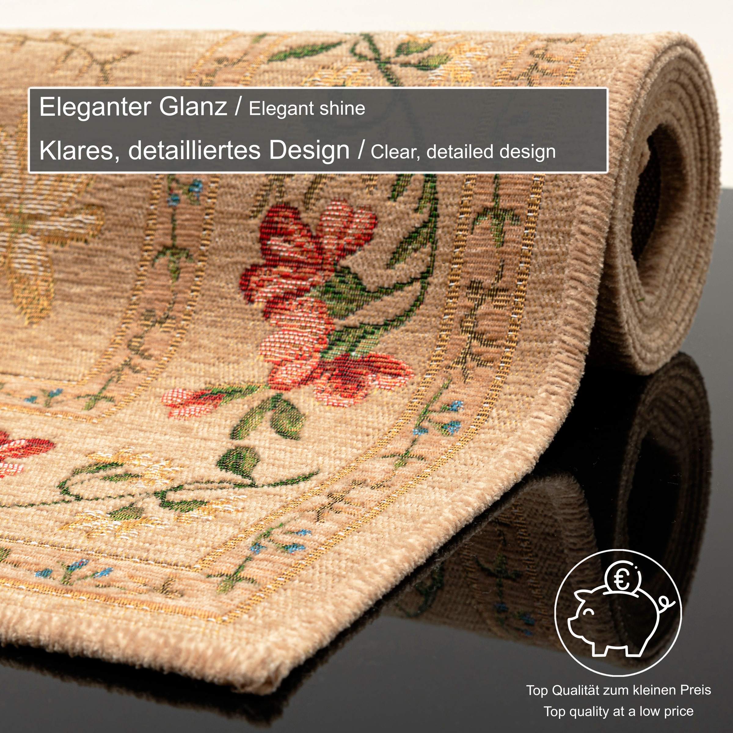 Bettumrandung THEKO "Flomi Sagrini" Gr. 14, beige, H:3mm, Obermaterial: 63% Polyester, 33% Polypropylen, 4% Baumwolle, Bettumrandungen, Läufer-Set, Flachgewebe, Pastell-Farben, Blumen Design, mit Bordüre 3
