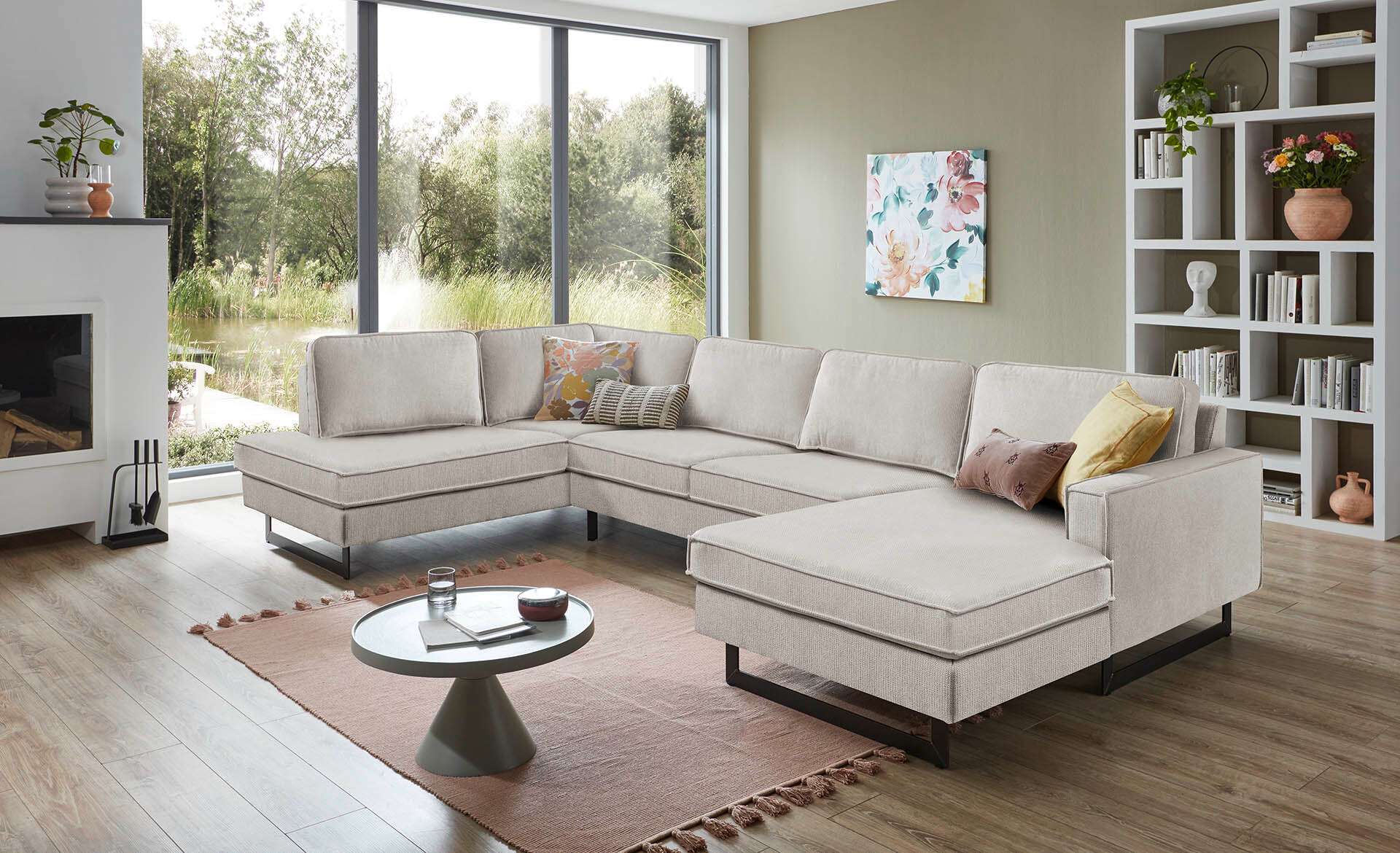 OTTO home Wohnlandschaft "Pinto, 350 cm, U-Form, XXL, mit Ottomanen" Cord, Chenille, Lederoptik, mit Keder, Metallfüße, Wellenunterfederung