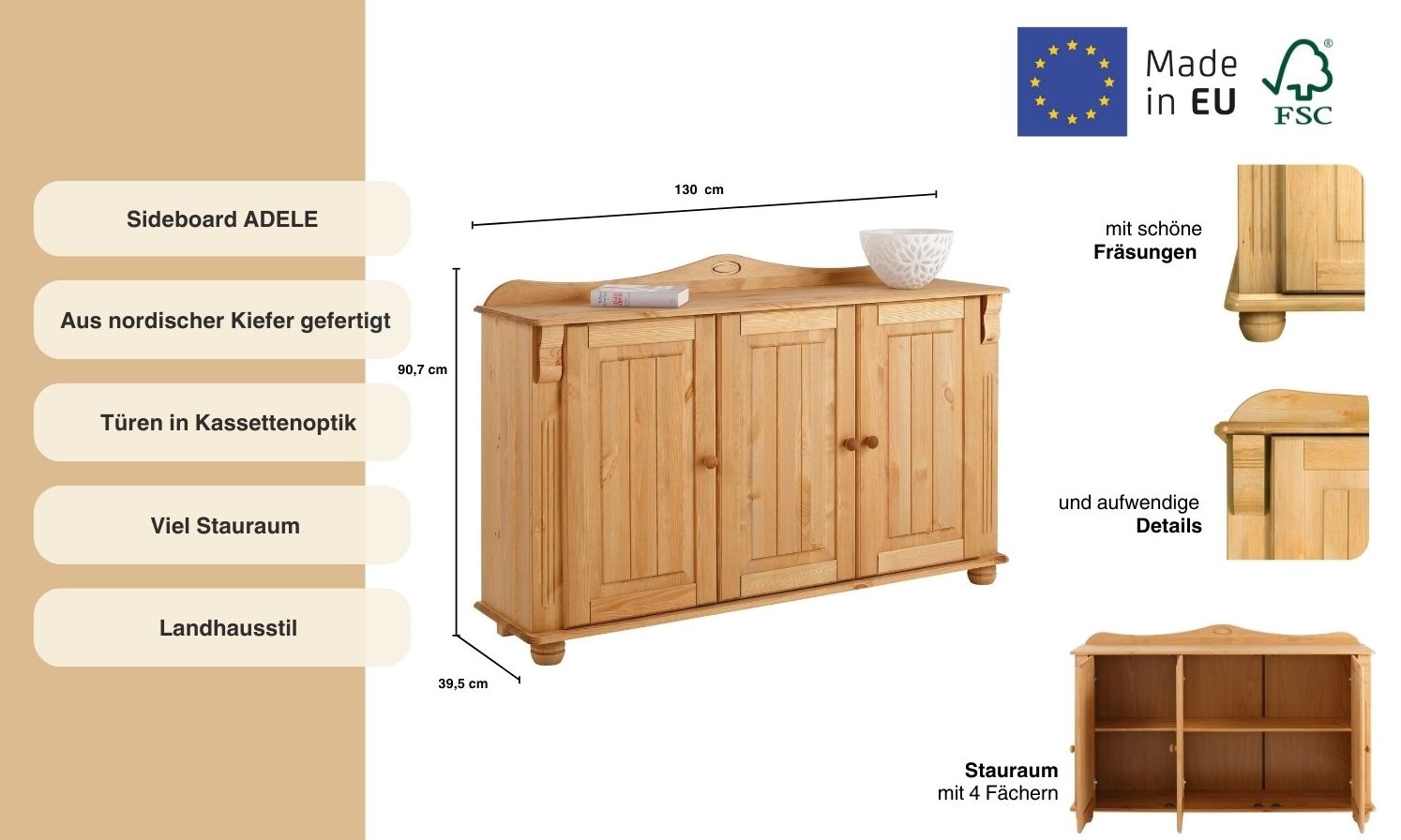 Home affaire Sideboard »Adele«, Kommode, 3-türig, Breite 130 cm, aus massiver Kiefer, FSC®