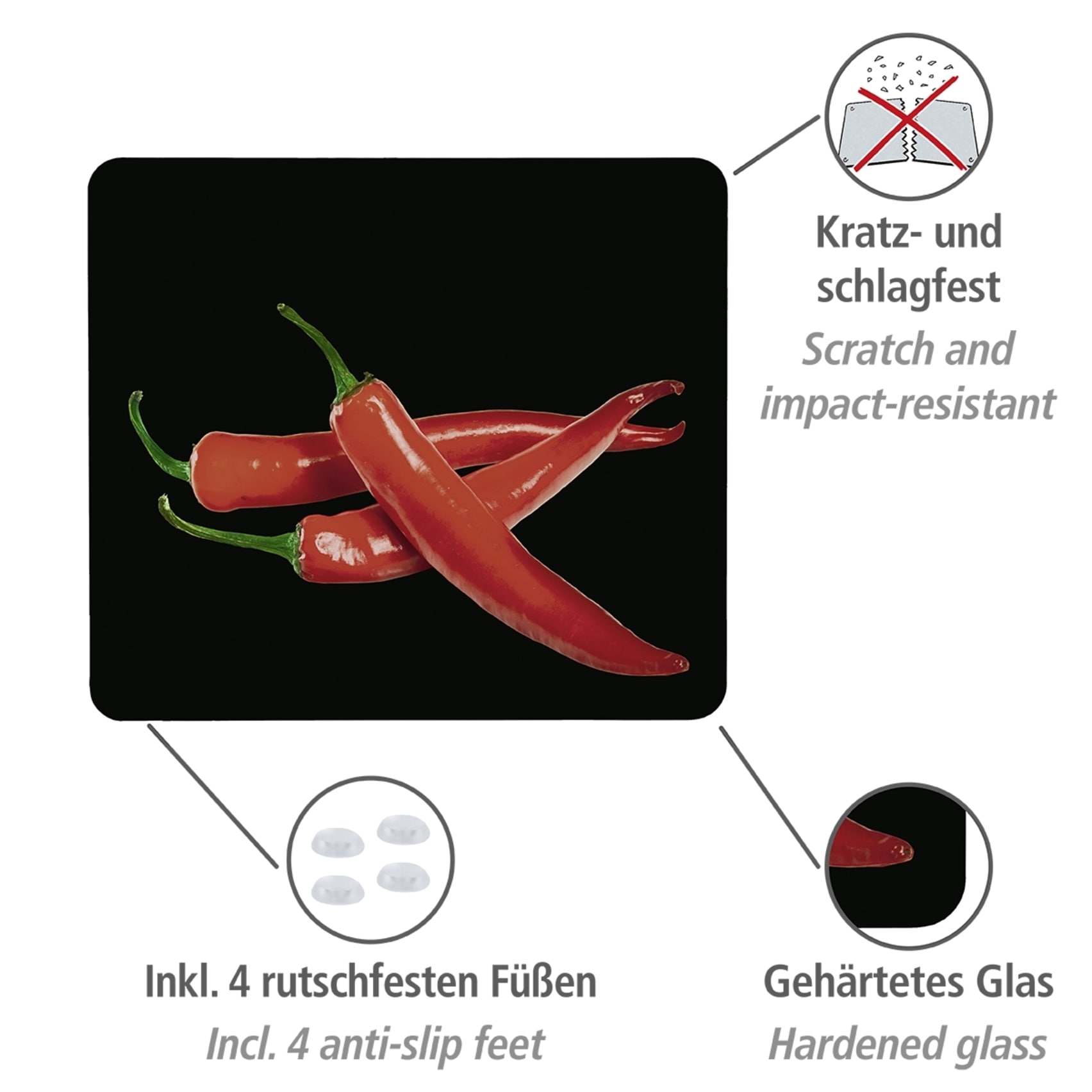 WENKO Herd-Abdeckplatte »Modell Hot Peperoni«, Spritzschutz, Herdblende, Schneidbrett, für Glaskeramik-Kochfelder