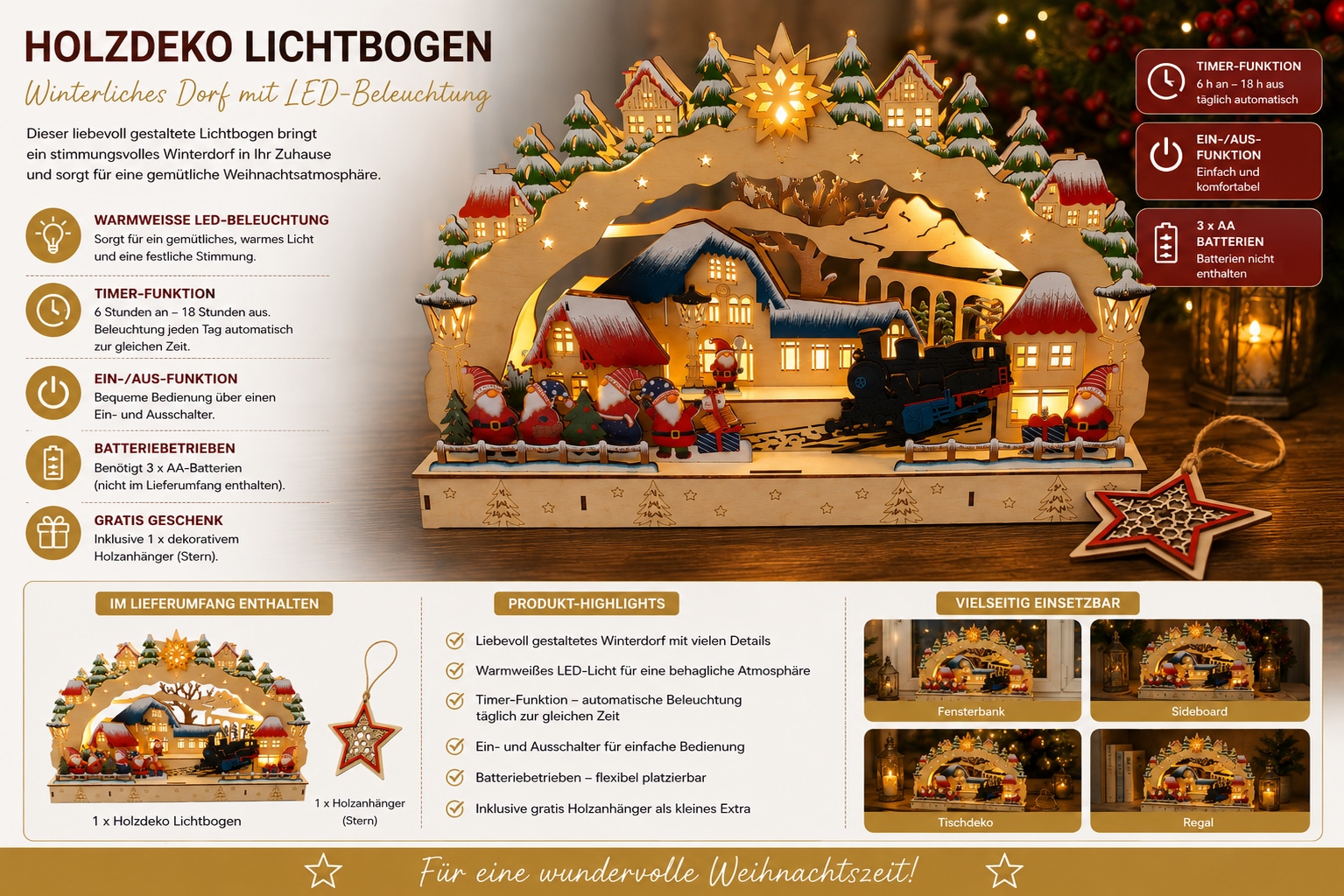 OTTO home LED Schwibbogen »winterliche Kulisse, mehrstöckig, 1 Stück« 1 Gratis-Hänger, 6h-Timer, 3D-Optik, winterliche Kulisse, Höhe 30 cm