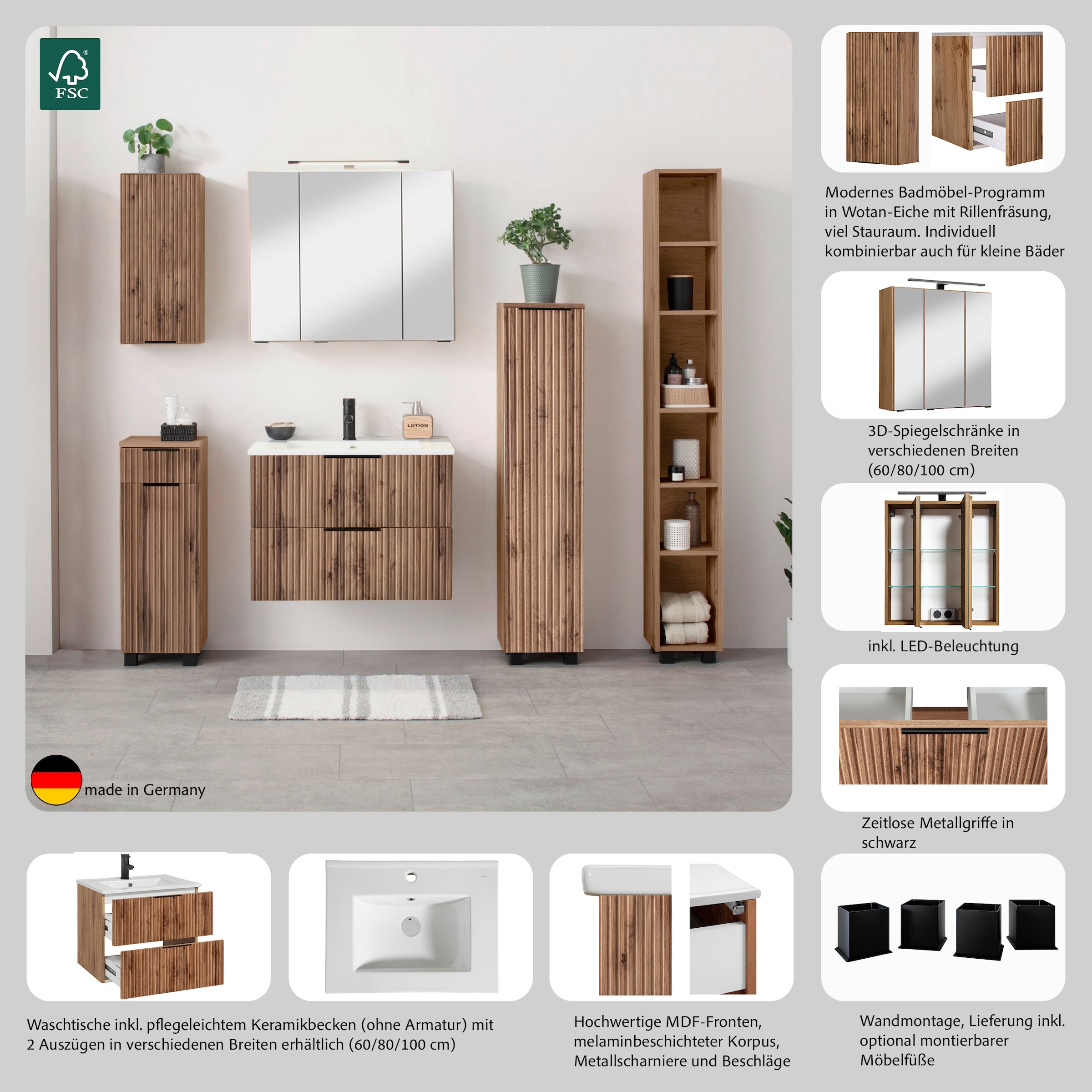 welltime Waschtisch »Trento Badezimmerschrank mit Becken« Badmöbel in Breite 80 cm  , Waschplatz mit 2 Schubladen , Badschrank