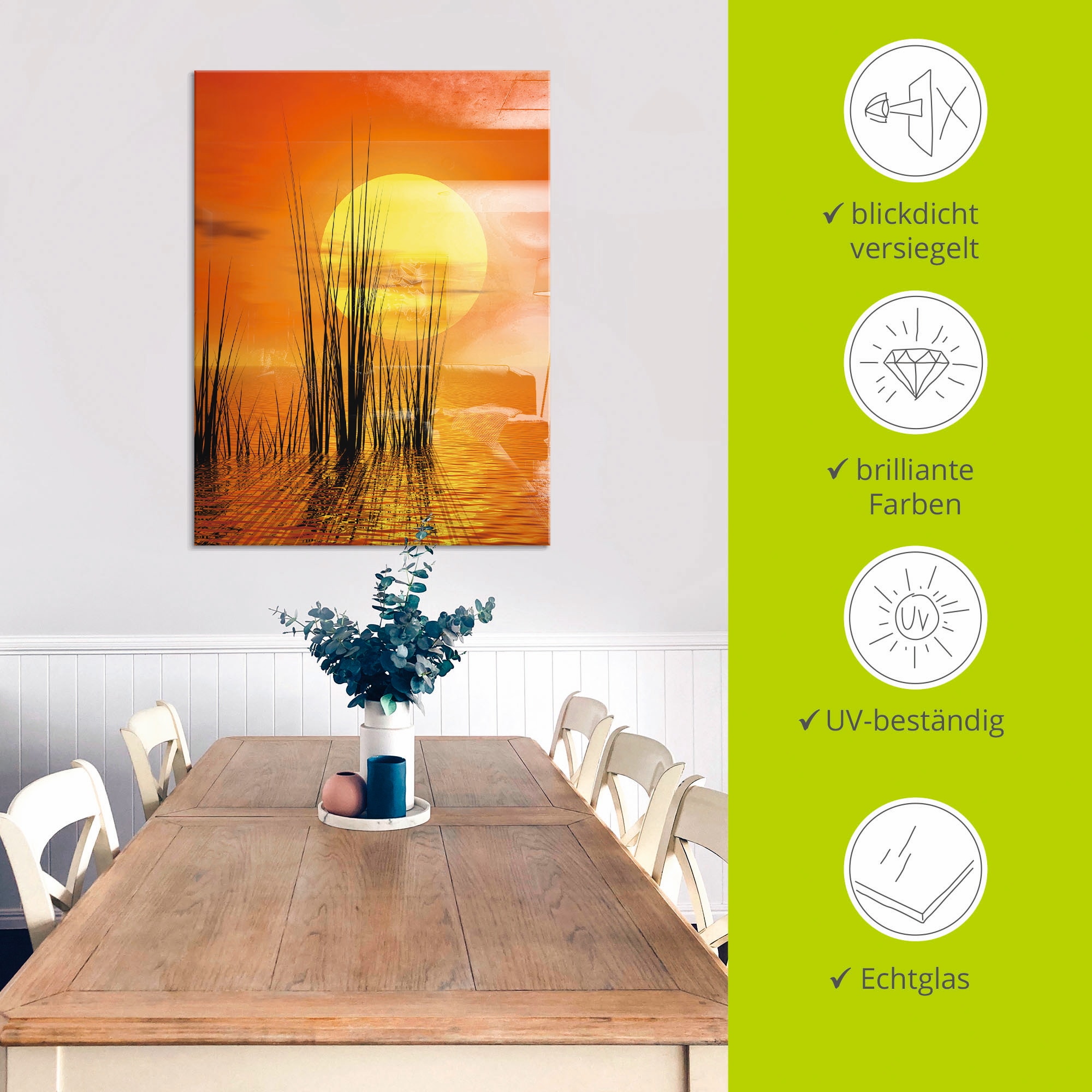 Artland Glasbild »Sonnenuntergang mit Schilf«, Sonnenaufgang & -untergang, (1 St.), in verschiedenen Größen