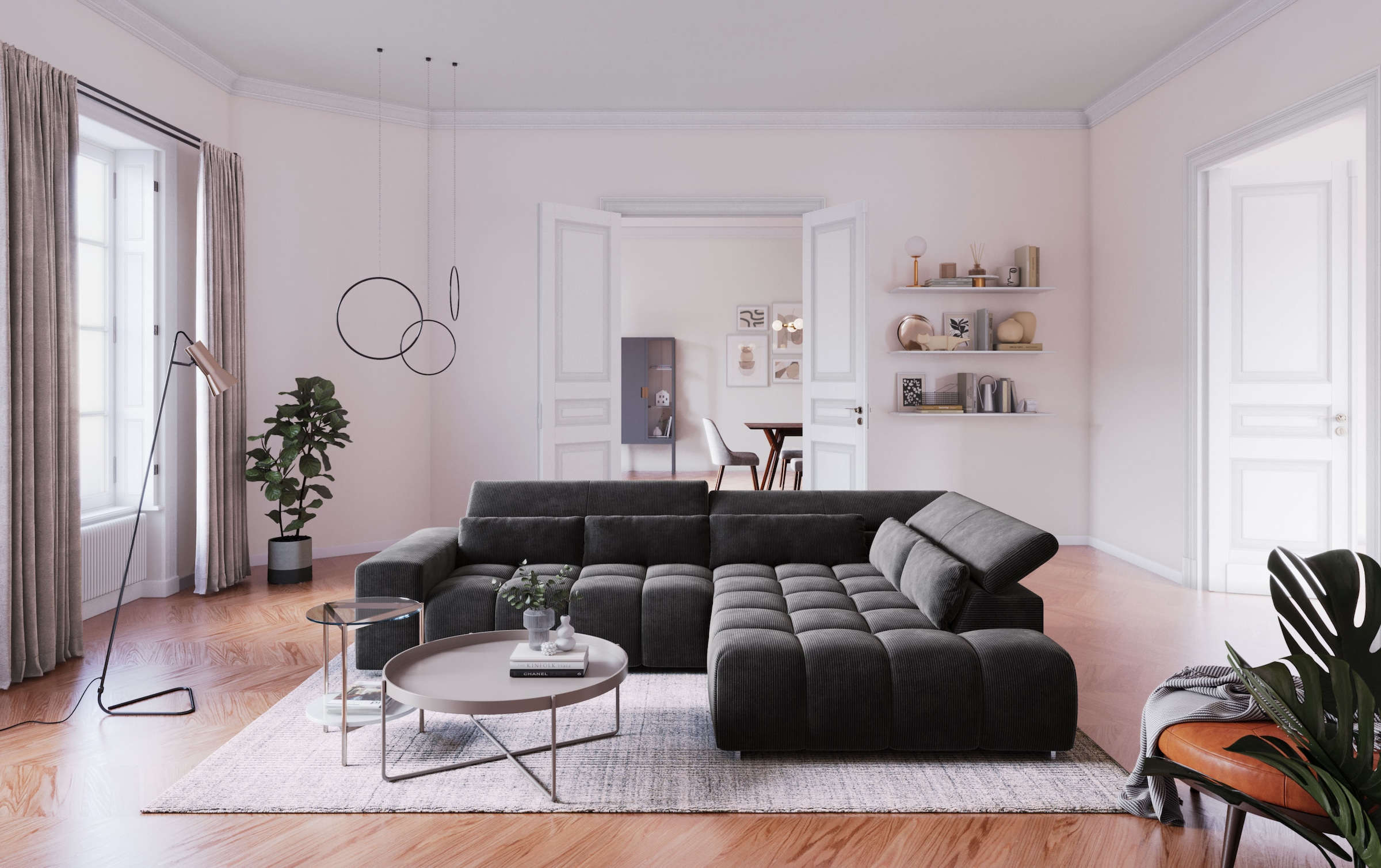 COTTA Ecksofa "Orion L-Form, B: 310 cm, moderne Steppung, bequeme Wellenunterfederung" Kopfteilverstellung & 5 Nierenkissen