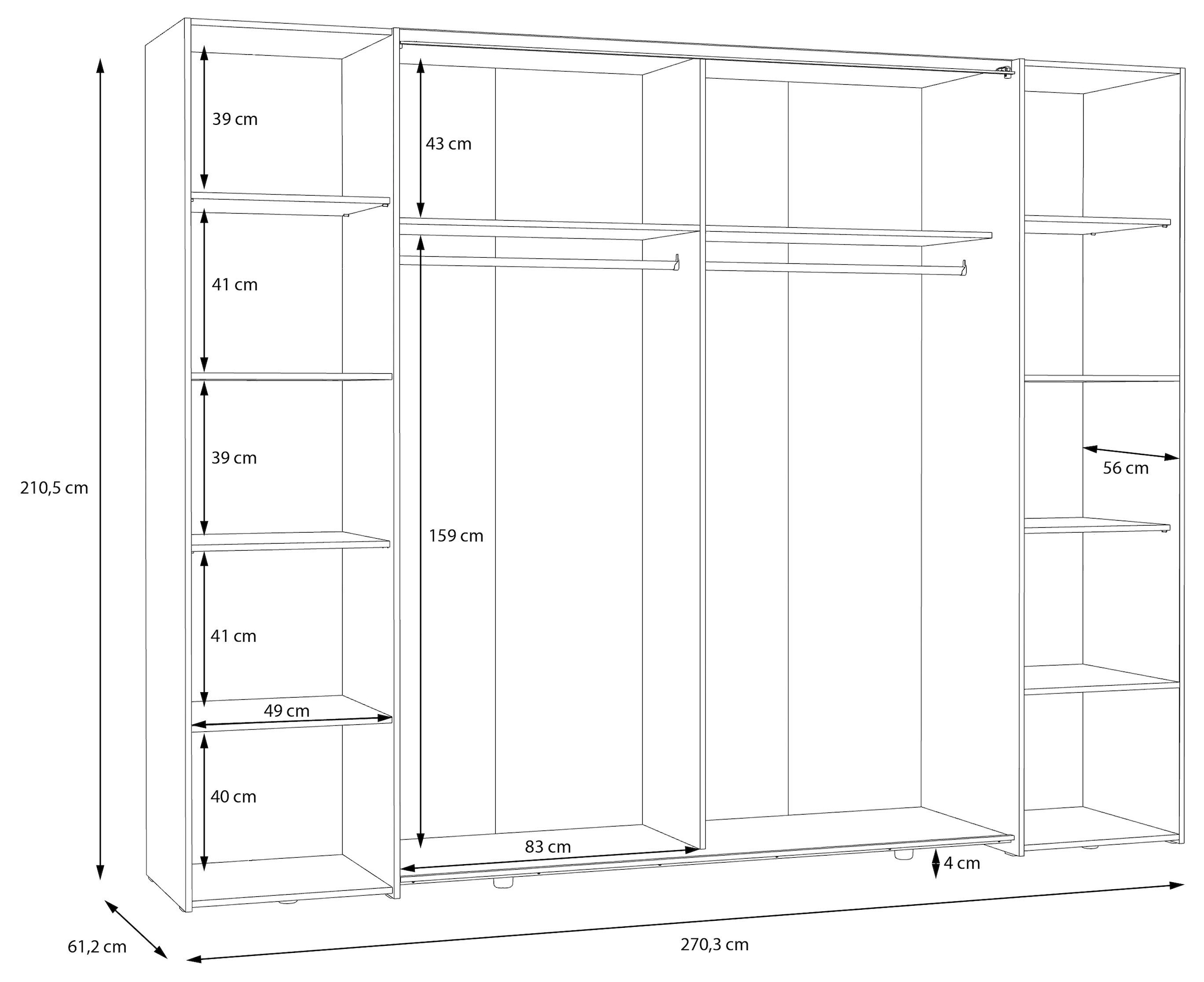 FORTE Dreh-/Schwebetürenschrank »Narago, TOPSELLER, Made in Europe, zeitloses Design«, (B/H/T ca. 270x210X61cm, Farbe Weiß auch mit Spiegeln erhältlich), viele Einlegeböden teilweise variabel einsetzbar, maximaler Stauraum