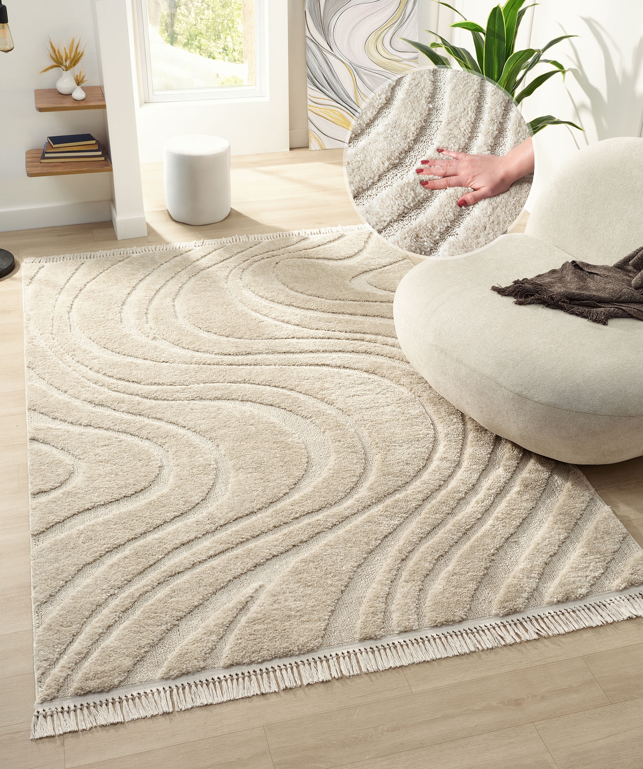 Teppich "Waavy mit Fransen, Wellen Design" rechteckig 20 mm Höhe Boho, 3D O günstig online kaufen