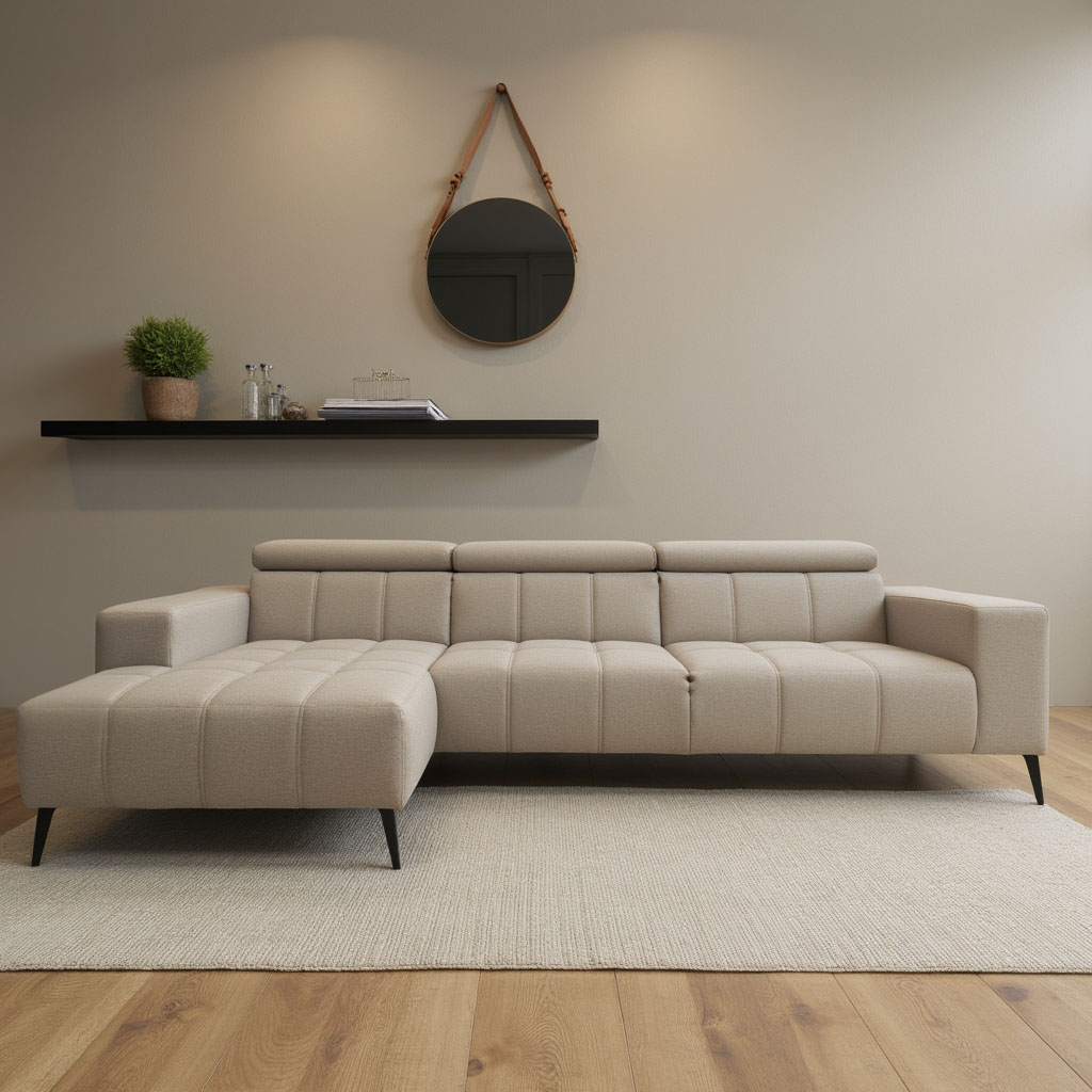 DOMO collection Ecksofa "Trento L-Form, mit Kufenfuß oder Einzelfuß" whlw. verstellbare Kopfteile, passend für gängige Saugroboter
