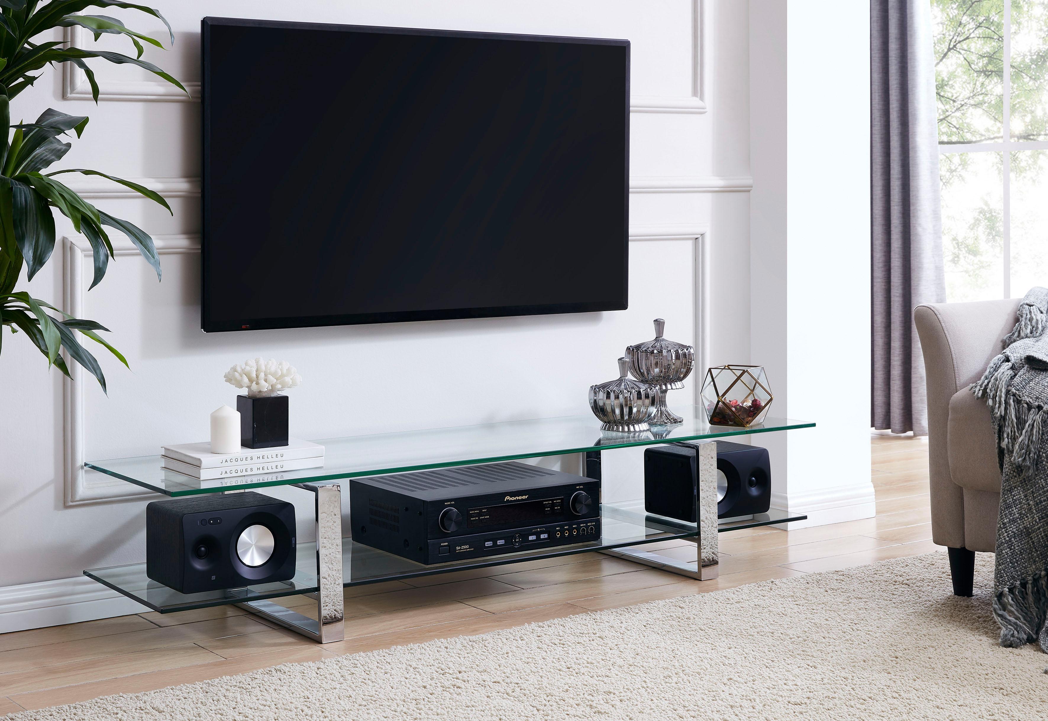 Leonique TV-Board Colmar, mit zwei Glasablageflächen Klarglas oder weiß Marmoroptik, Fernsehtisch mit Chromgestell