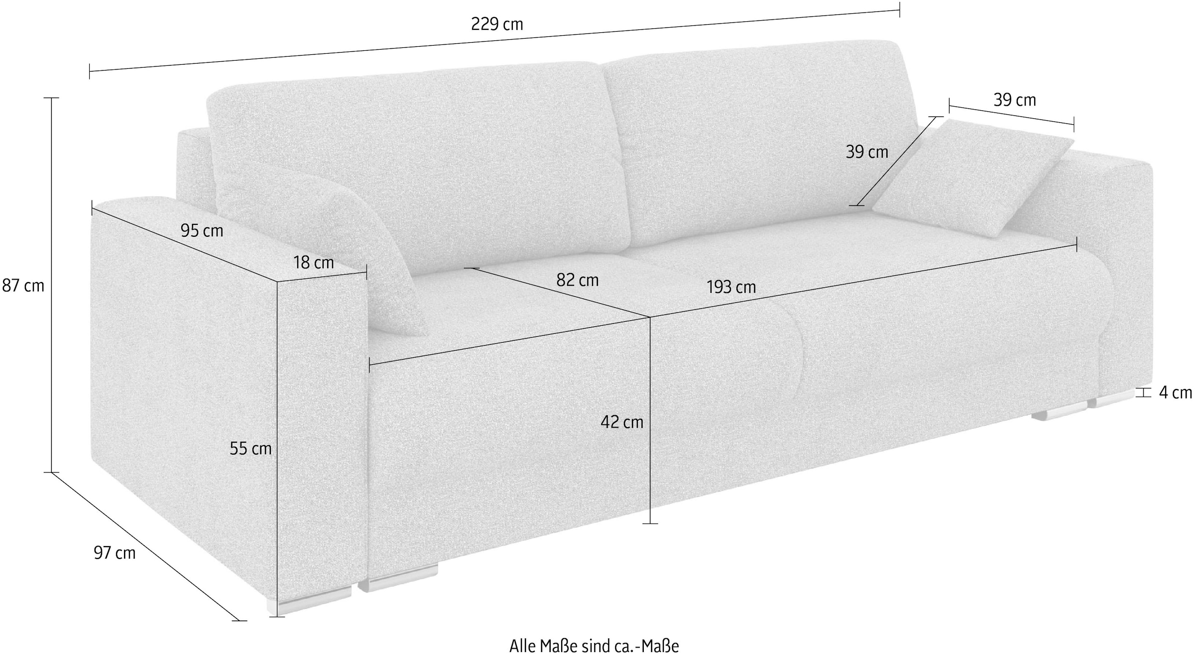 INOSIGN 3-Sitzer »Stevinson Schlafsofa mit Bettkasten, Maße B/H/T: 229/87/97 cm«, mit Wellenunterfederung, 2 Rückenkissen und 2 Zierkissen