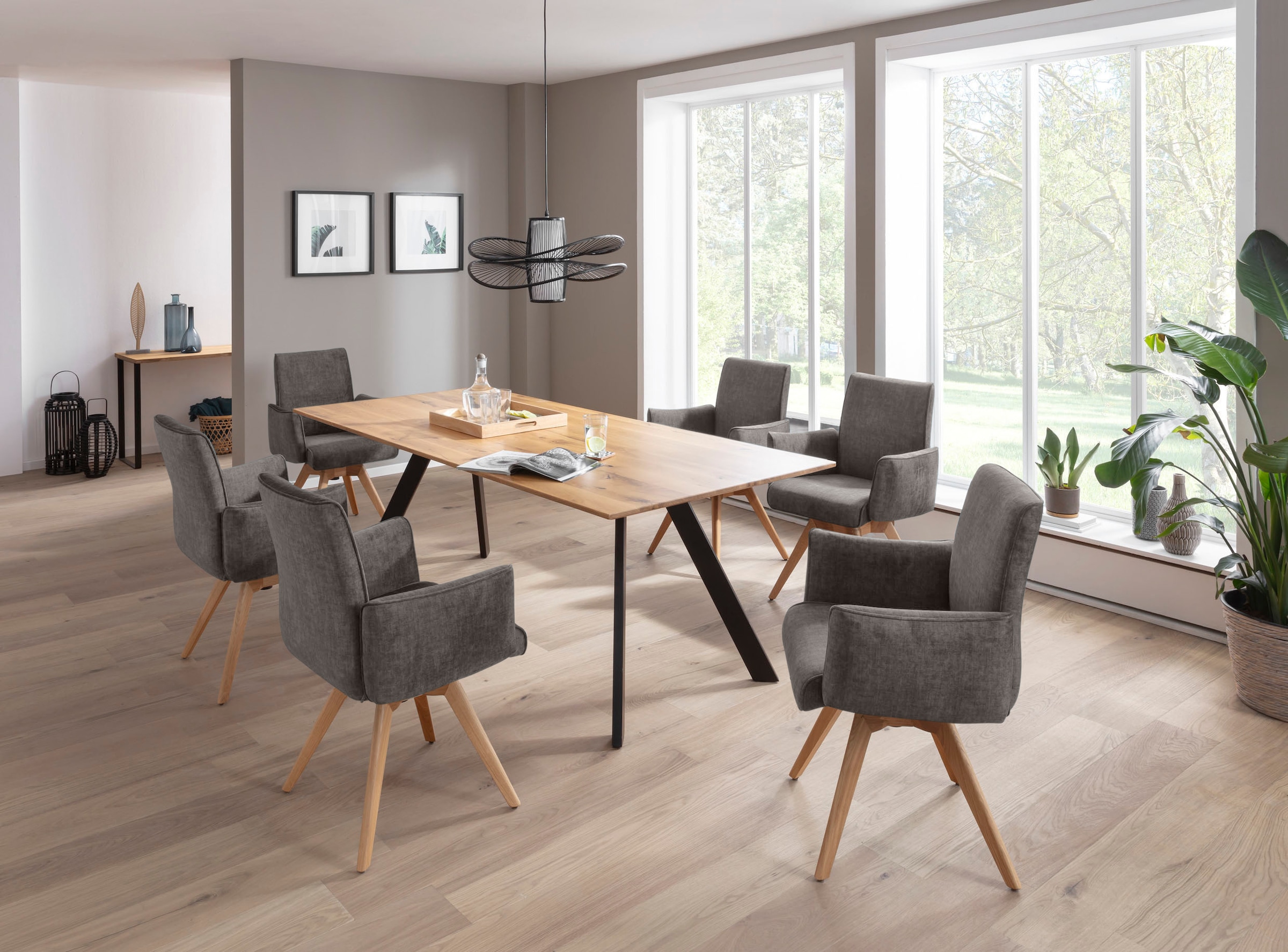 K+W Komfort & Wohnen Drehstuhl, Flachgewebe H2O 660, Armlehnenstuhll mit 360° Drehfunktion massives Holzuntergestell