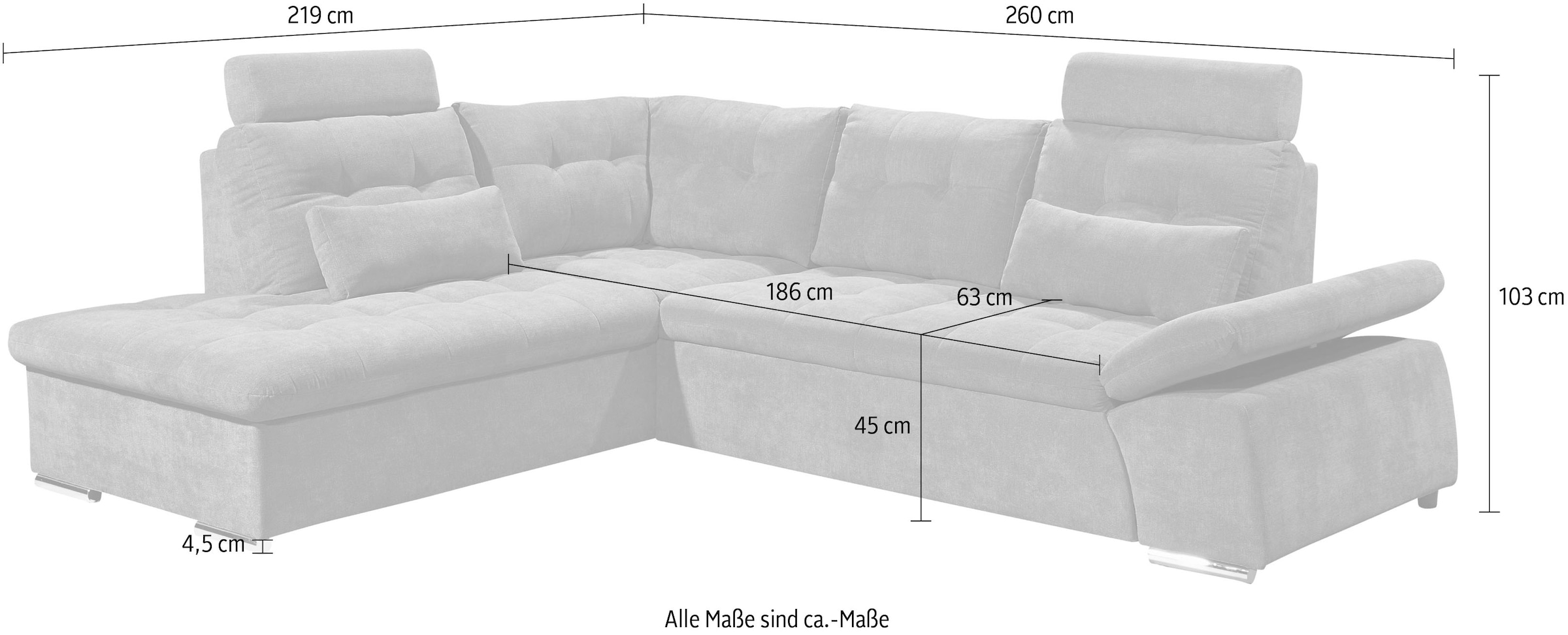 ED EXCITING DESIGN Ecksofa »Nalo L-Form«, mit Bettfunktion, Bettkasten, Kopfstützen, Nierenkissen etc.