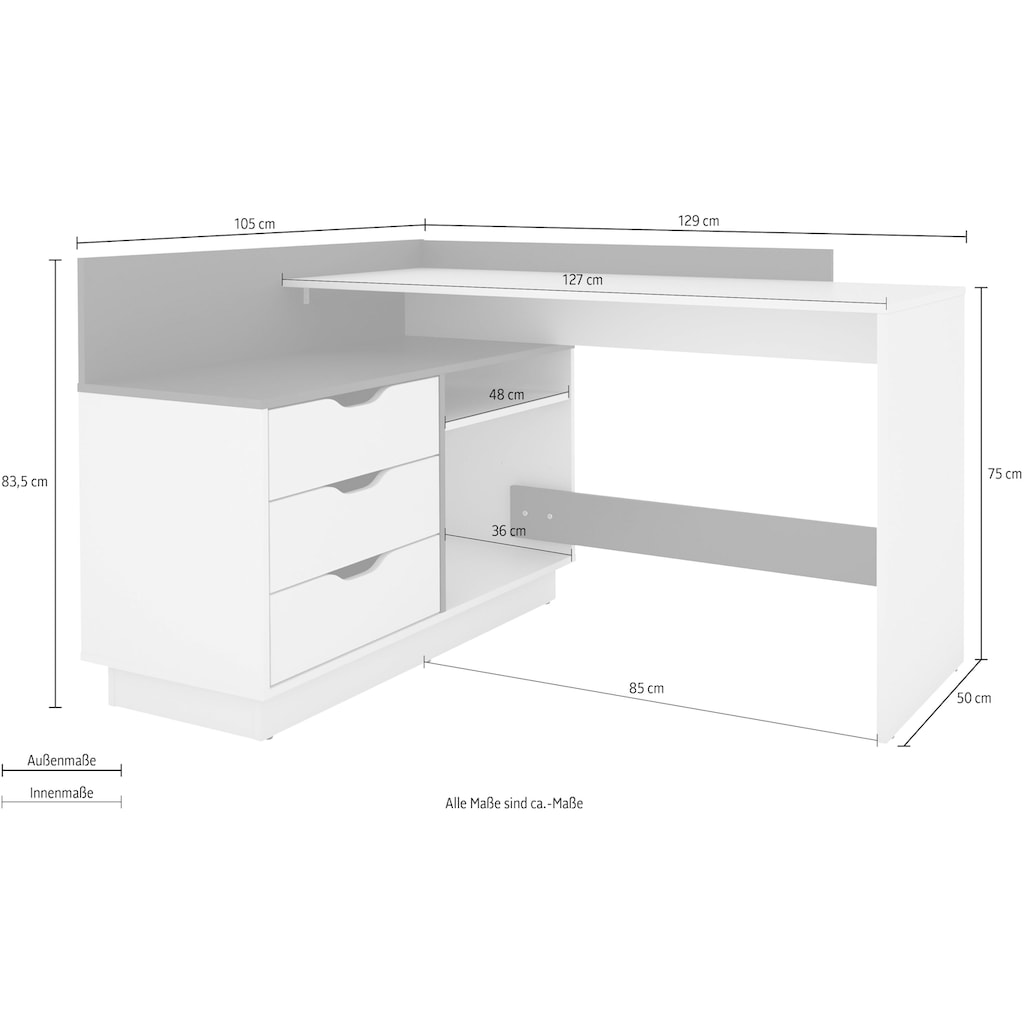 byLIVING Eckschreibtisch »Bern«, Breite 129 cm, rechts oder links montierbar