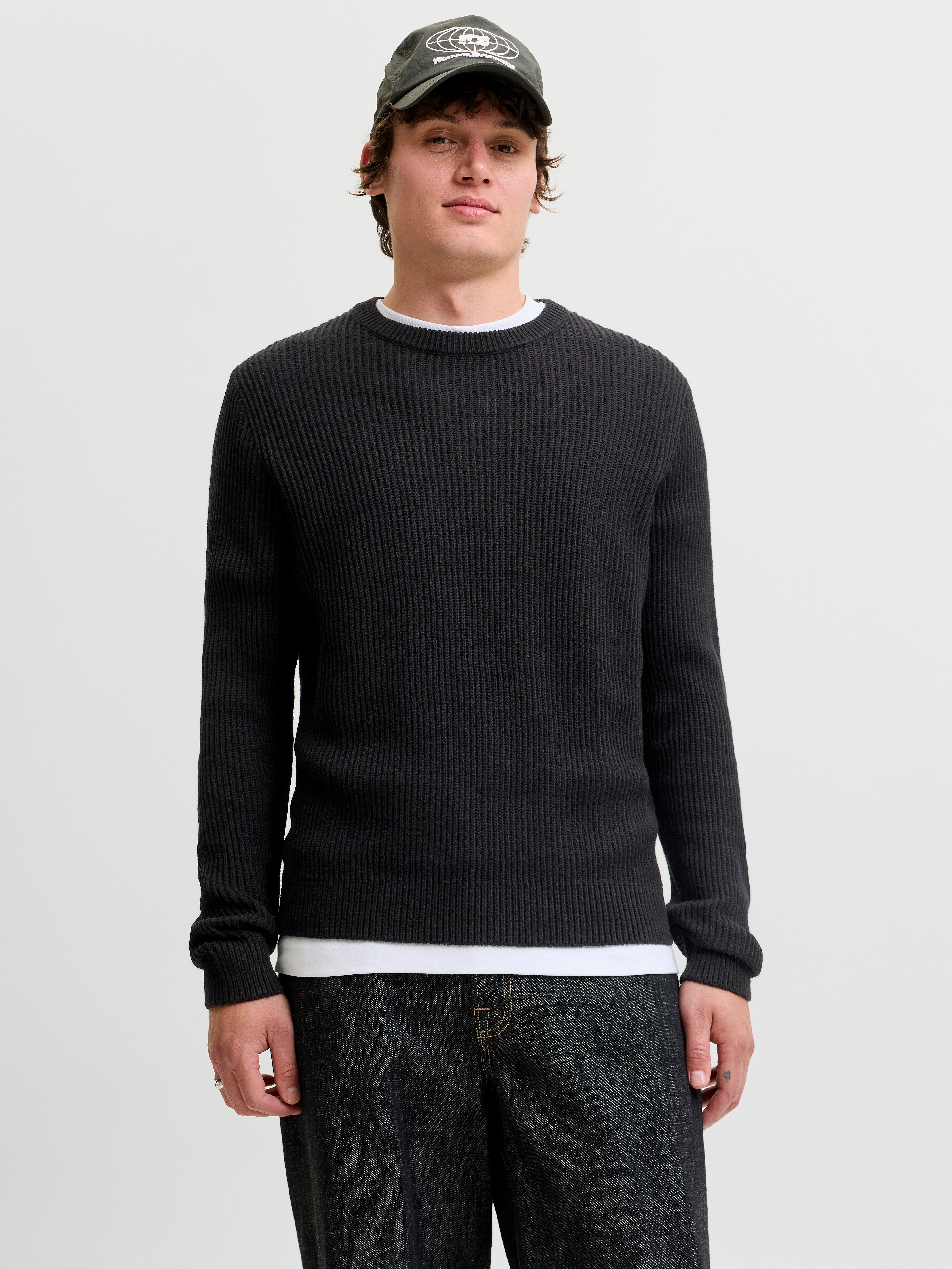 Jack & Jones Rundhalspullover "JJPANNEL KNIT CREW NECK AW26" Materialmix, regular fit