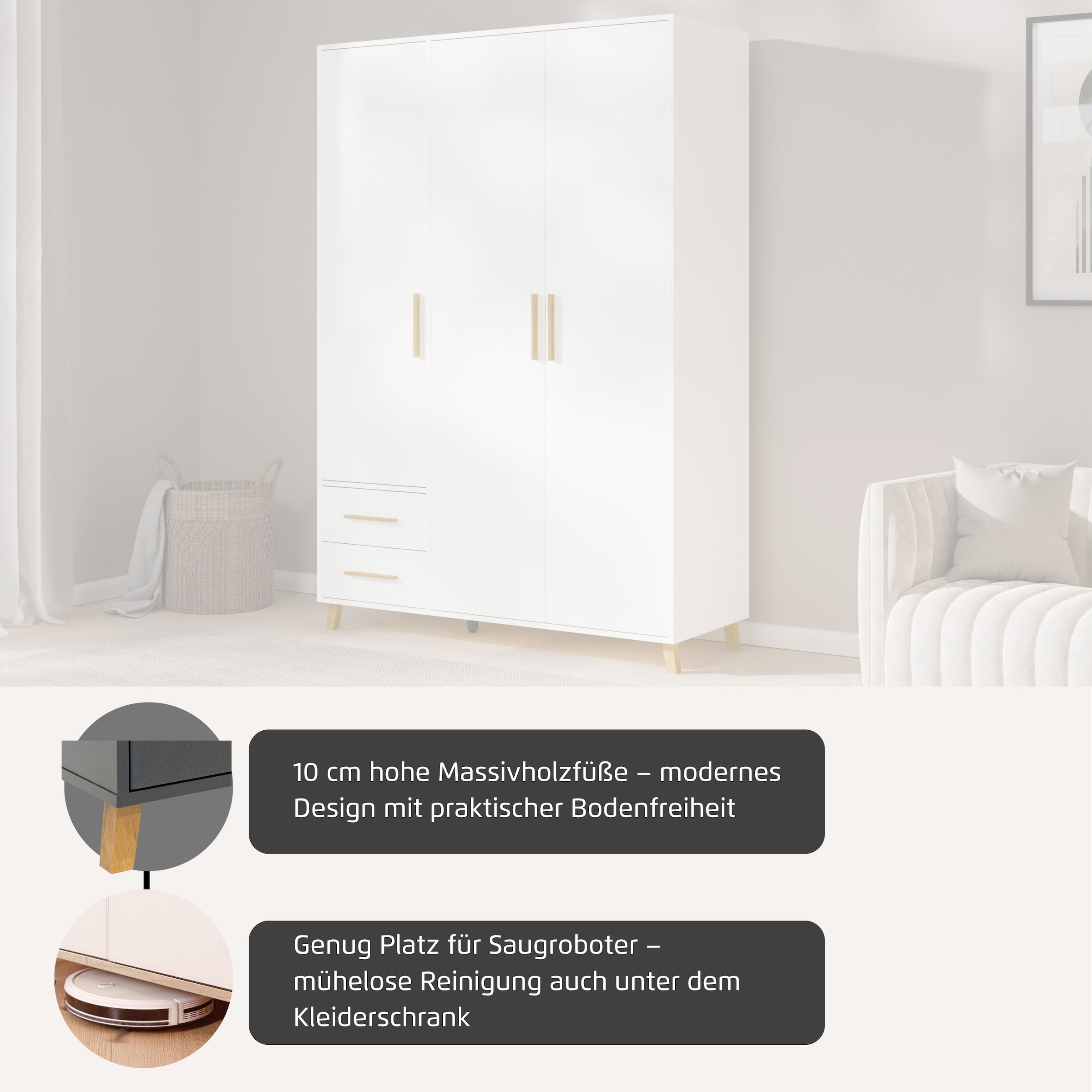 rauch Drehtürenschrank »Kleiderschrank Schrank Garderobe SHINJO Breiten 93/140/187 cm« in 3 verschiedenen Ausstattungen BASIC/CLASSIC/PREMIUM,  Griffe und Füße aus Massivholz mit 2 Schubladen MADE IN GERMANY