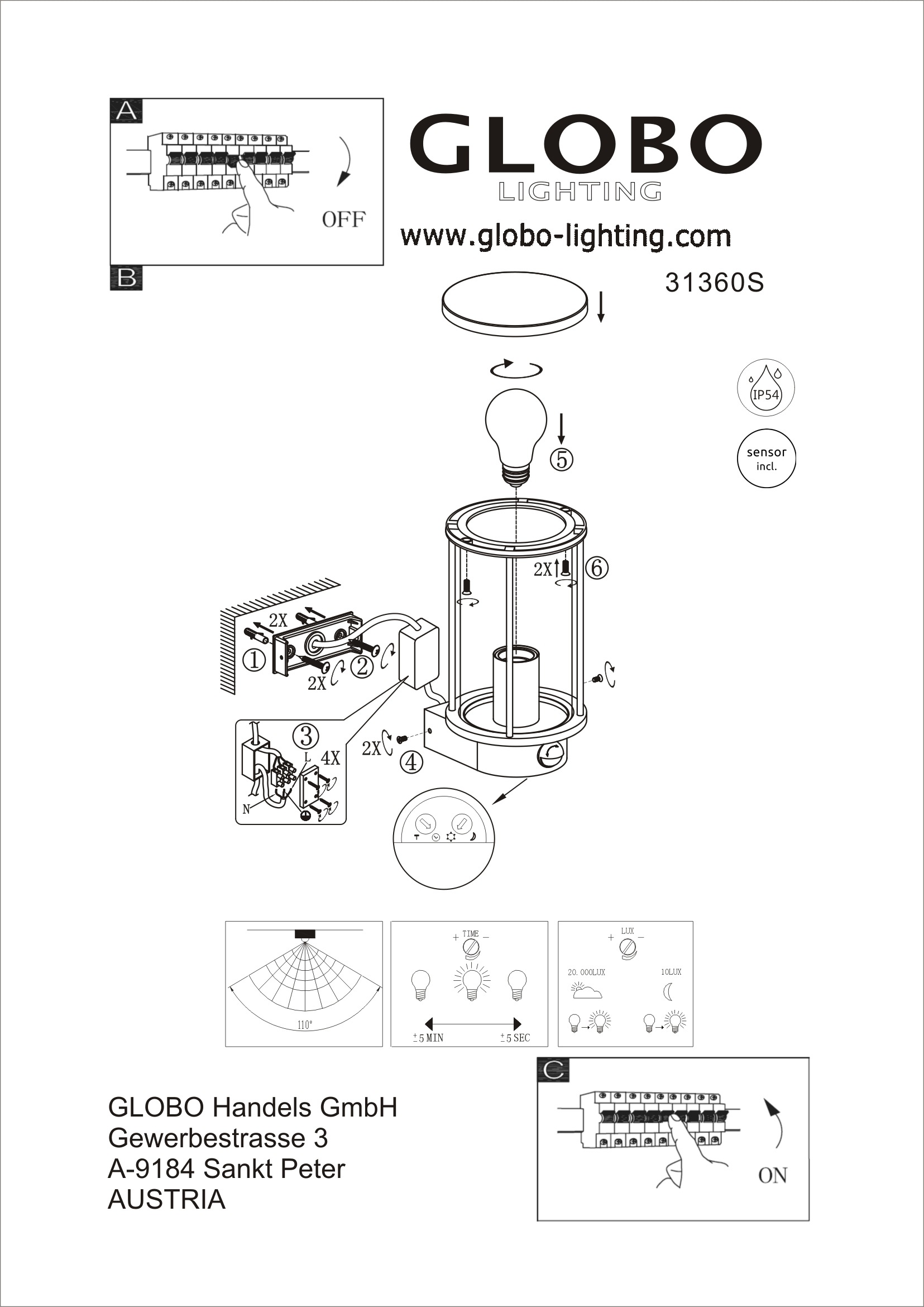 GLOBO LIGHTING Außen-Wandleuchte »GRACEY« E27 1 Stk. Außenleuchte Edelstahl Schwarz, Rauchglas, Sensor, IP54