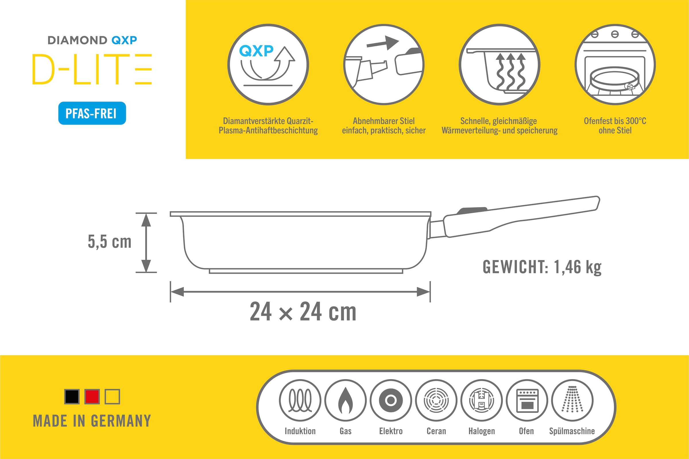 WOLL Bratpfanne »D-Lite Viereckpfanne, Aluminium, Antihaft, Induktion« Aluminiumguss 1 tlg. Ofenfest o. Stiel, Spülmaschinengeeignet, Antihaft,  5,5-6 cm hoch