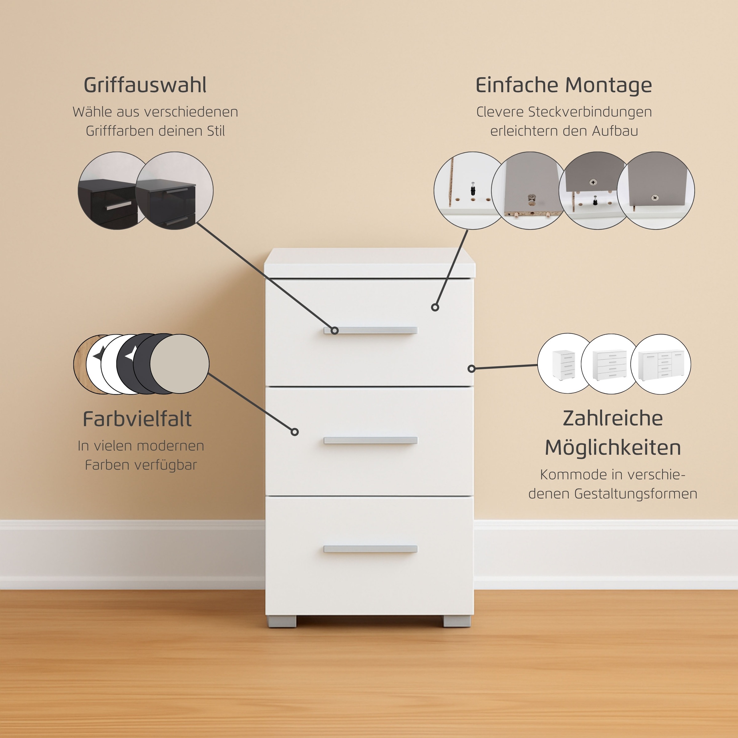 Thumbnail - rauch Nachtkommode "Nachttisch Nachtkonsole Nachtschrank KOLUNA mit Dekorfront" mit 3 geräumigen Schubladen für viel Sta...