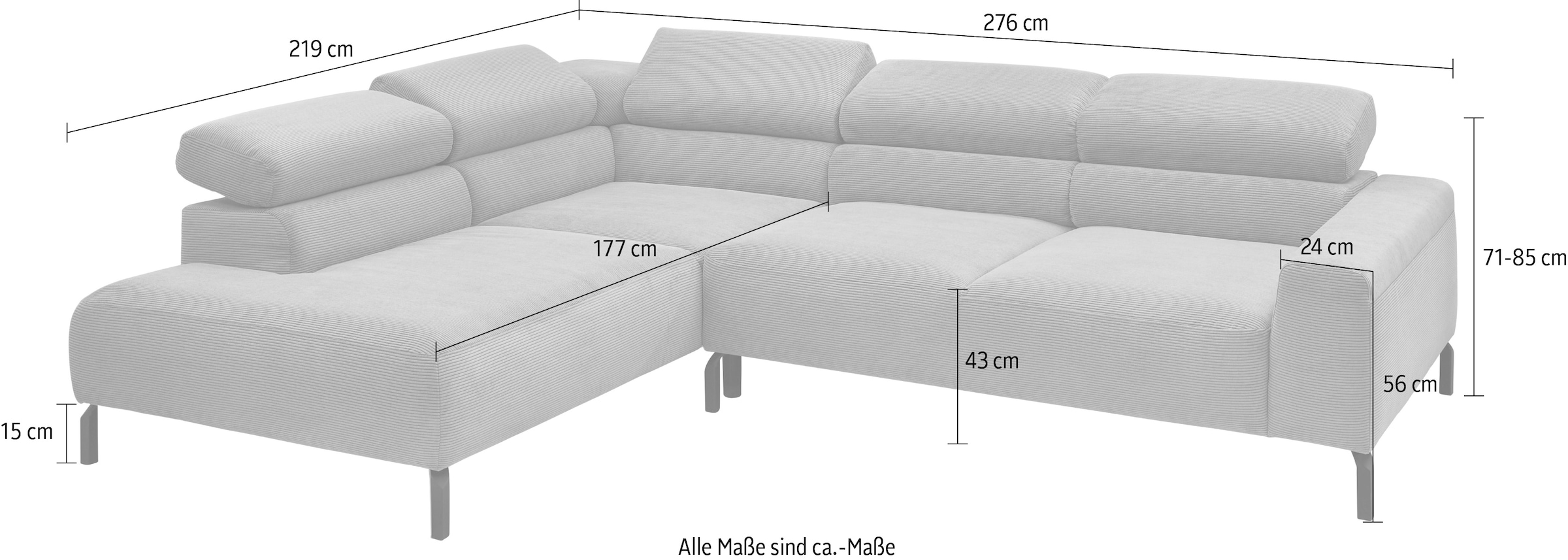 Places of Style Ecksofa »Antonelli, L-Form, inkl. Kopfteilverstellung, Breite 276 cm«, mit elektrischer Sitztiefenverstellung, in Cord, oliv