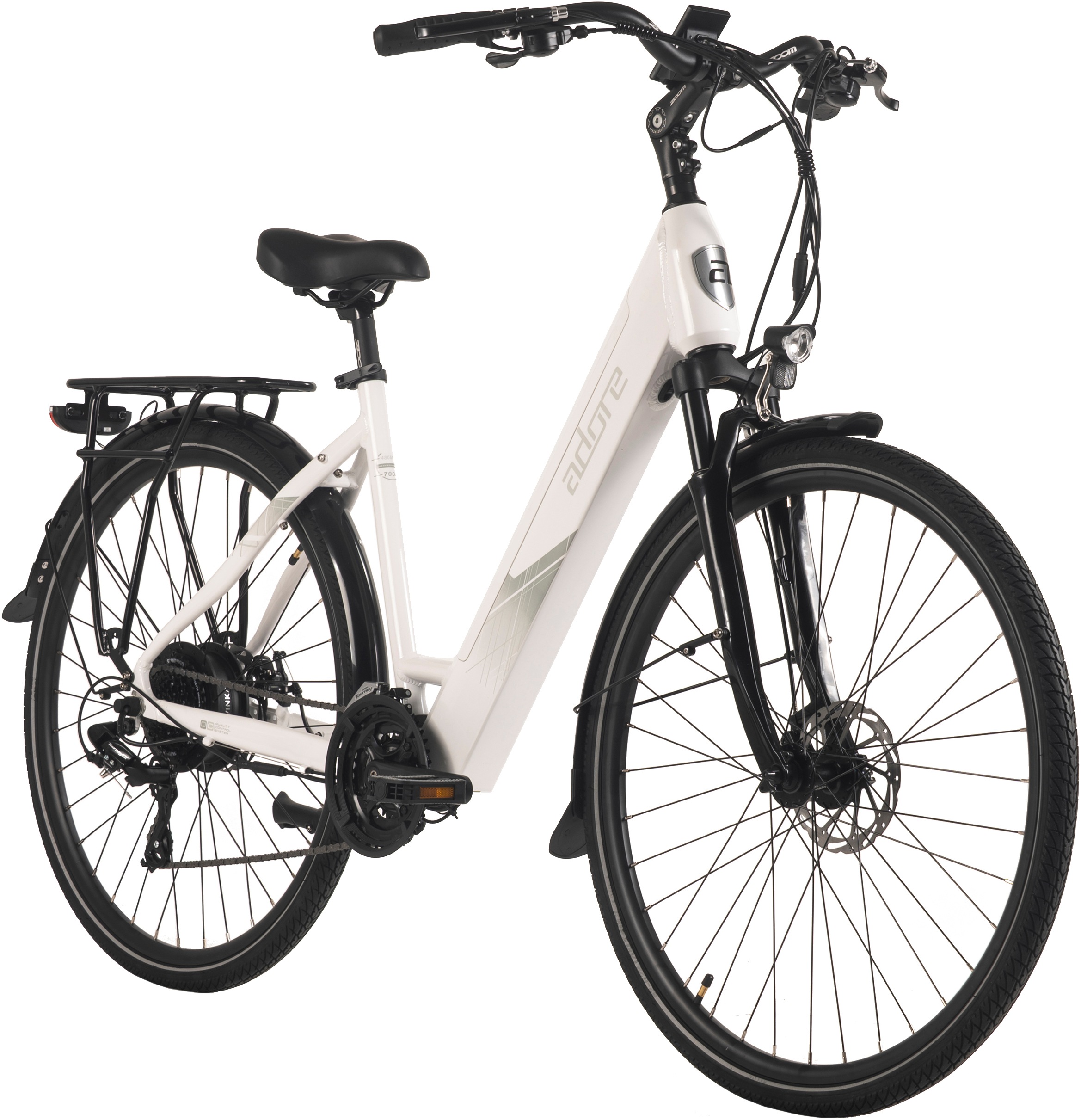 Adore E-Bike »28" Alu Trekking E-Bike ATR-180 Heckmotor 50NM / 15Ah Glacier White«, 24 Gang, Shimano, Tourney, Heckmotor 250 W
