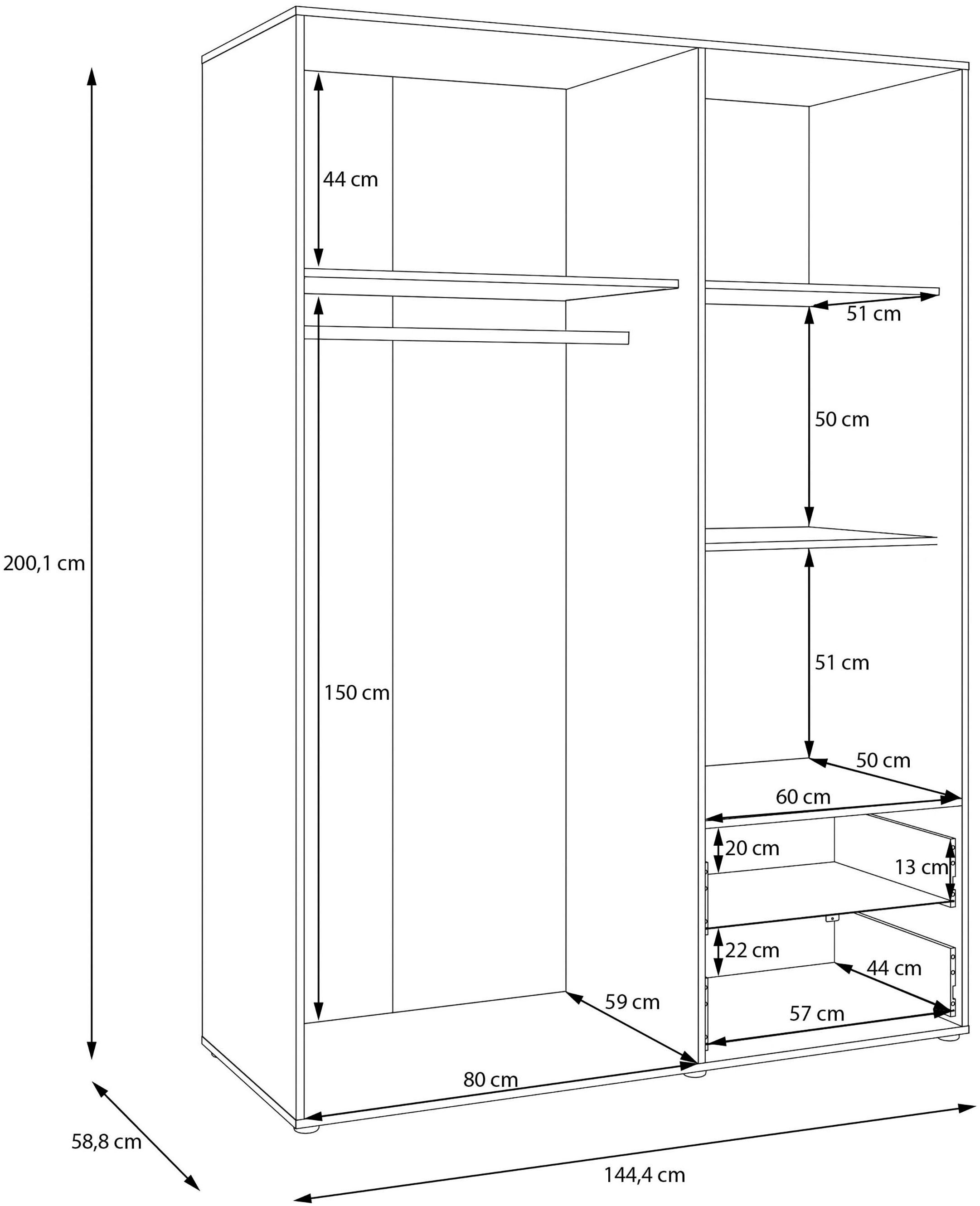 FORTE Kleiderschrank »Mokkaris , zeitloses Design, 3–4 Türen, Made in Europe« B/H/T ca. 145x200x59cm oder 206x200x59cm,  Schubladen + schwarze Stangengriffe, Made in Europe, viel Stauraum