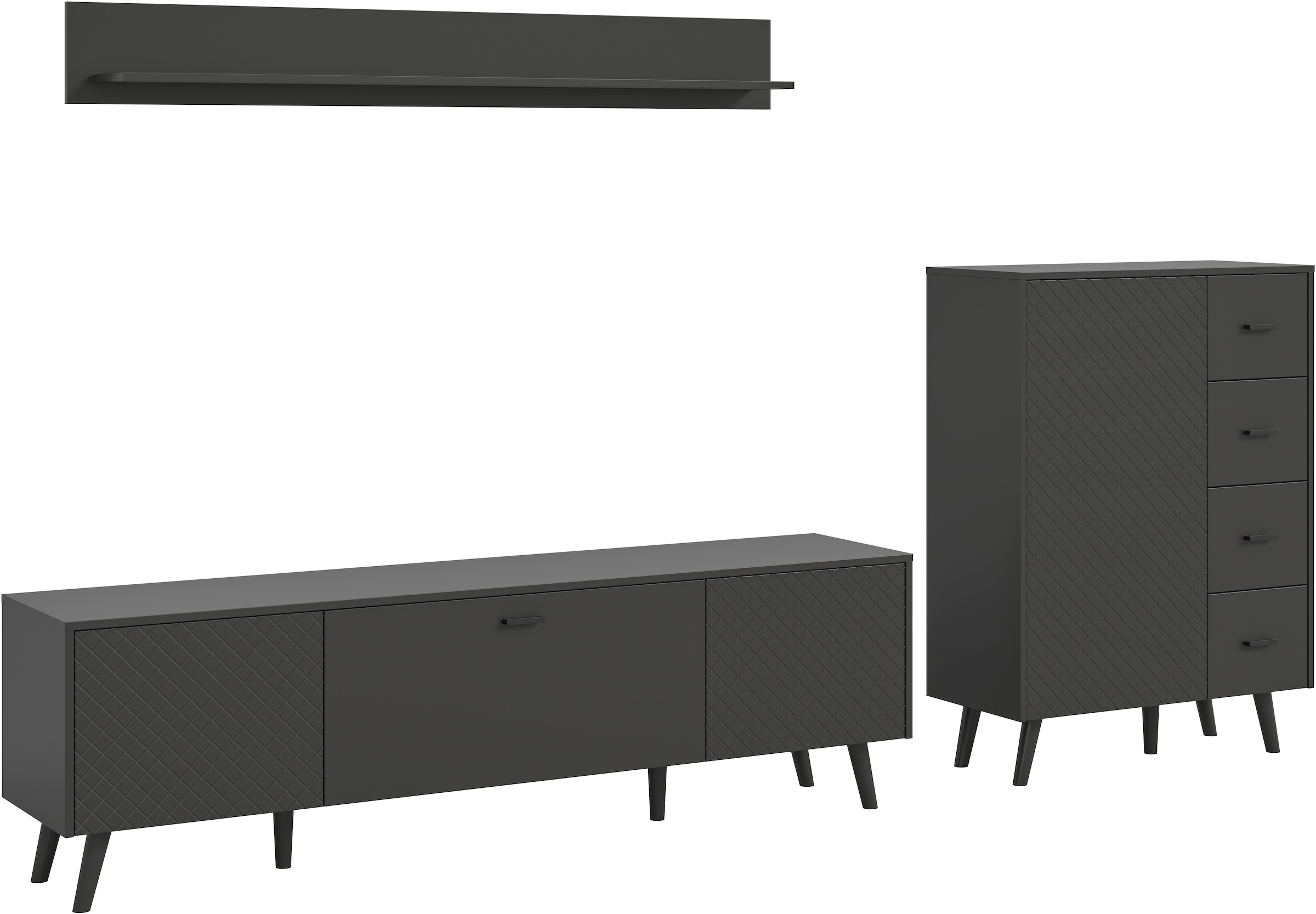 Home affaire Wohnwand "RHOMBUS, hochwertige MDF-Front mit Karo-Optik" Set, Wohnkombination, Wohn-Kombi, Kombi, Wohnzimmer, 3 Stk. tlg.
