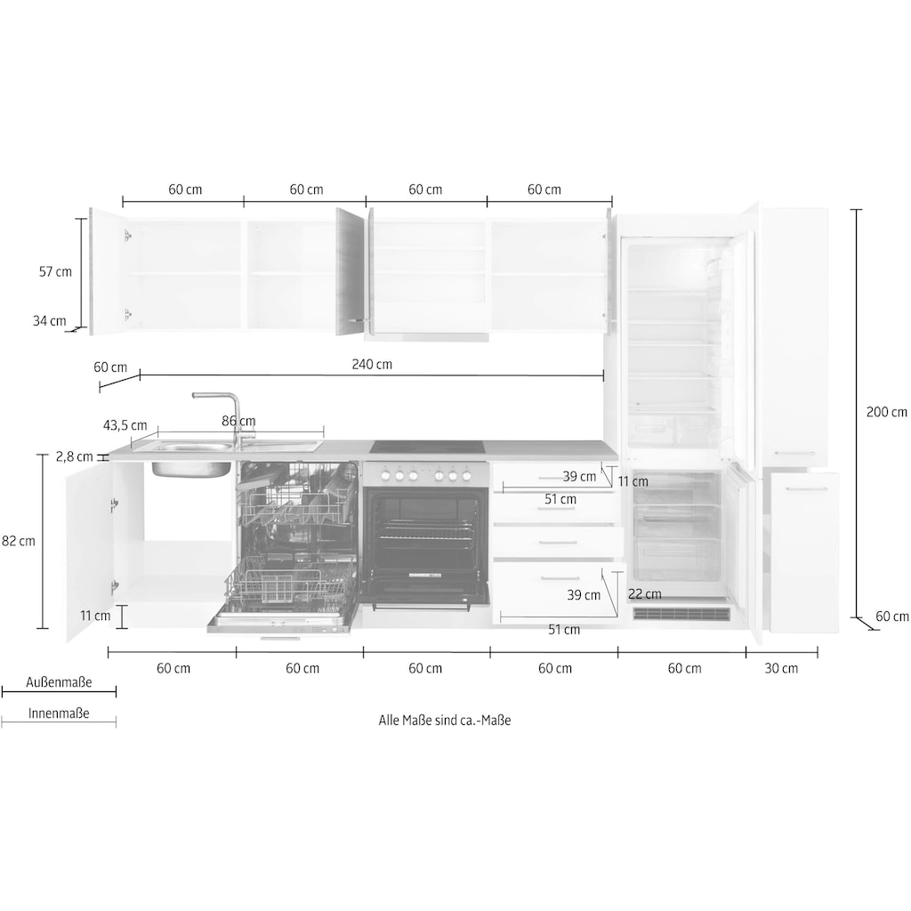 HELD MÖBEL Küchenzeile »Visby«, mit E-Geräten, Breite 330 cm, inkl. Kühl/Gefrierkombination