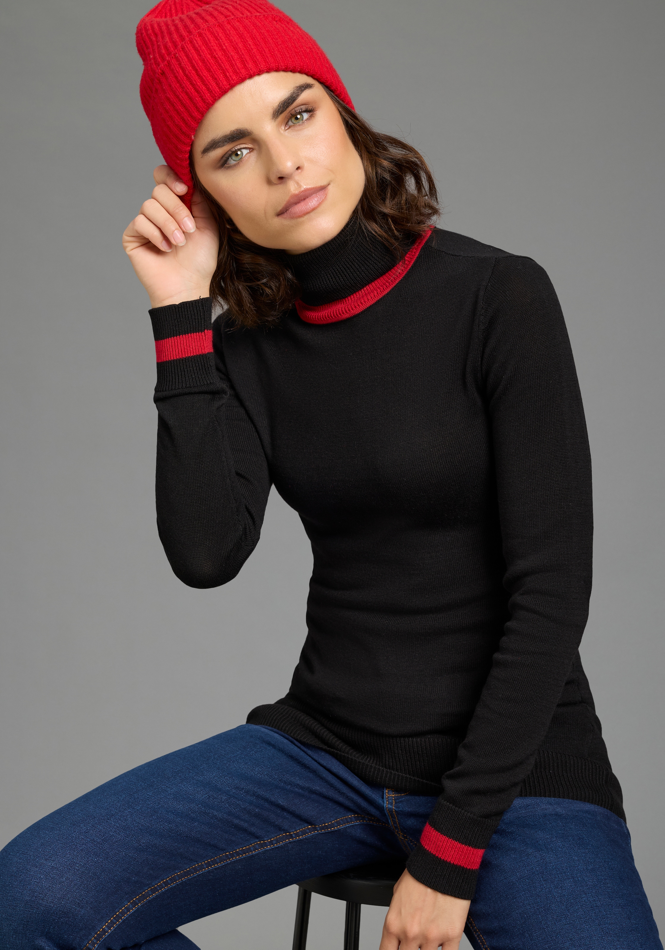 AJC Rollkragenpullover Feinstrick mit trendy Kontraststreifen