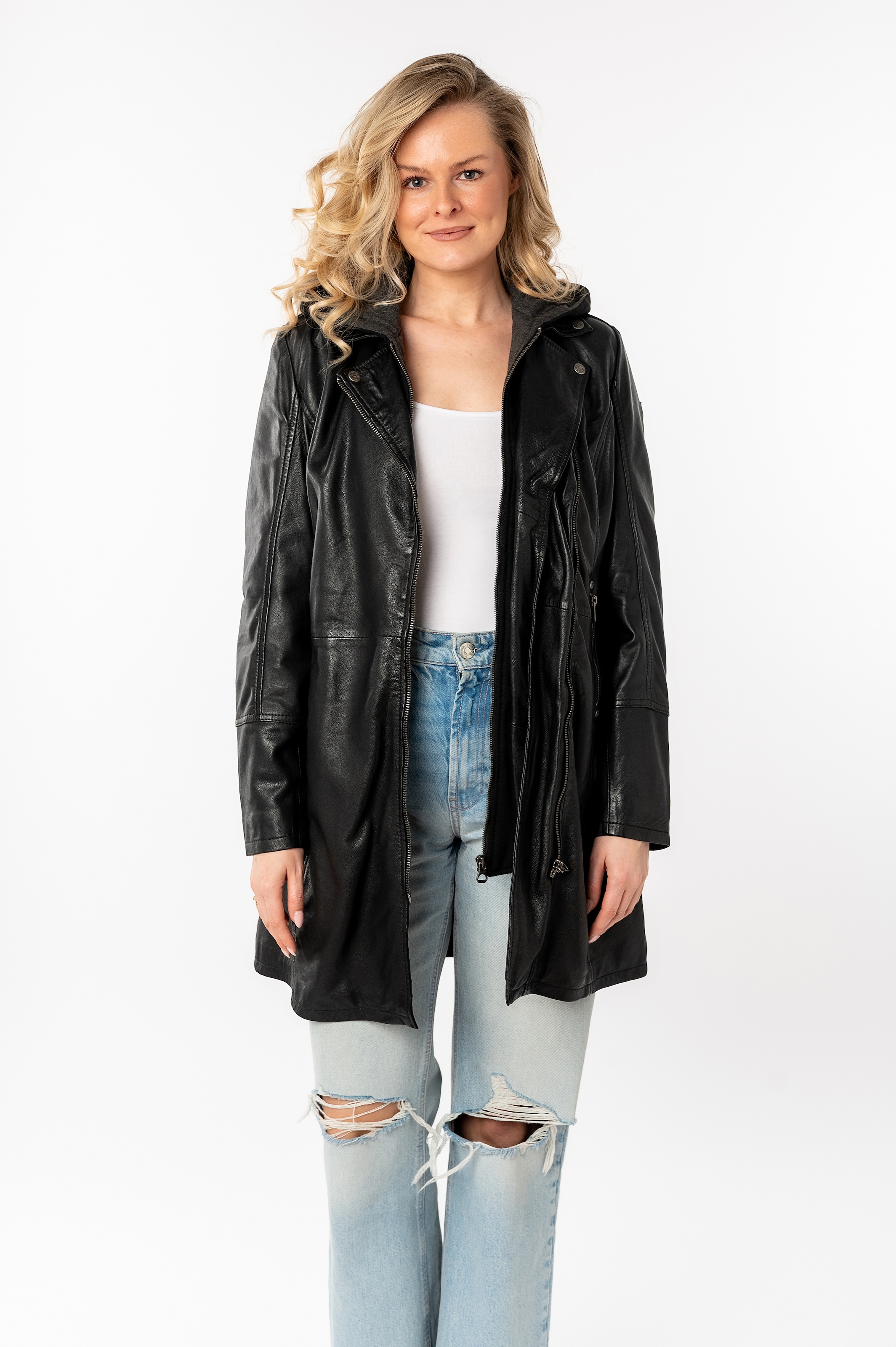 Mauritius "Seneka" lange Lederjacke mit abzippbarem Kapuzen-Einsatz günstig online kaufen