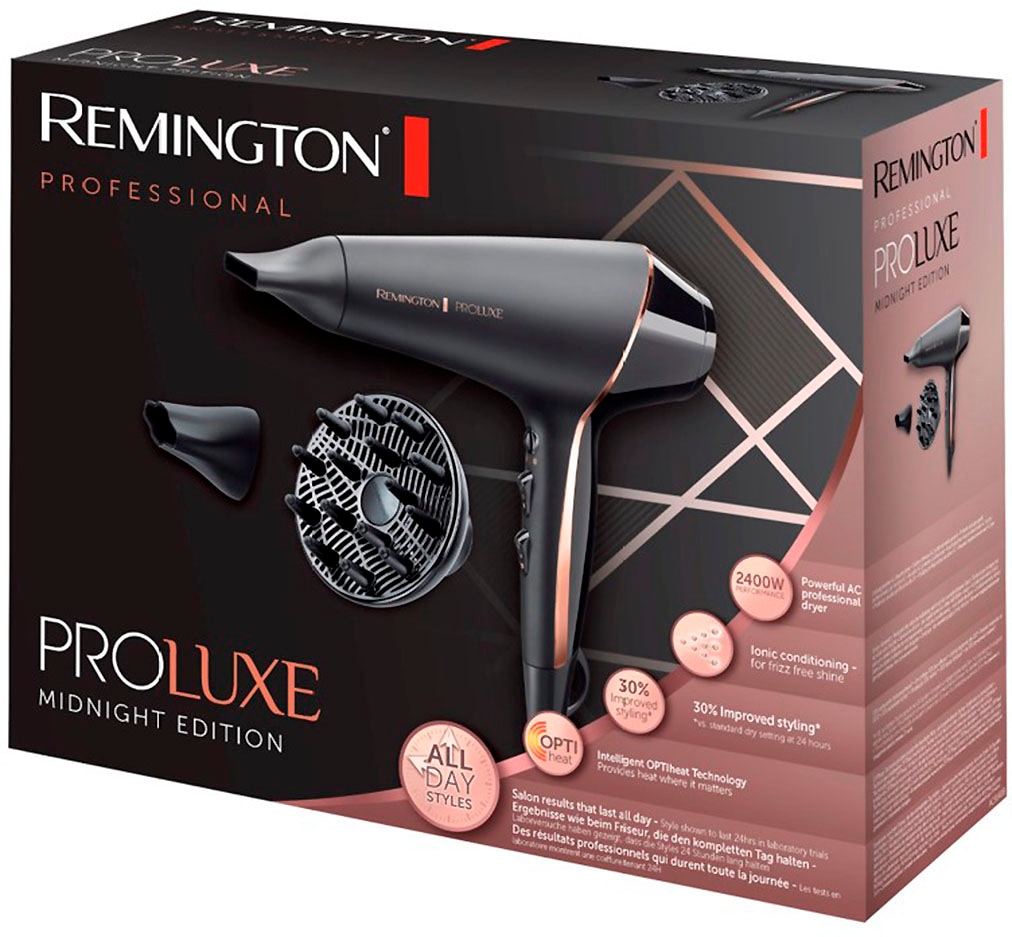 Remington Haartrockner »PROluxe Midnight Edition (AC9140B)«, 2400 W, 3 Aufsätze, Profi, mit Ionenpflege, OPTIheat-Technologie und langlebigem AC-Motor